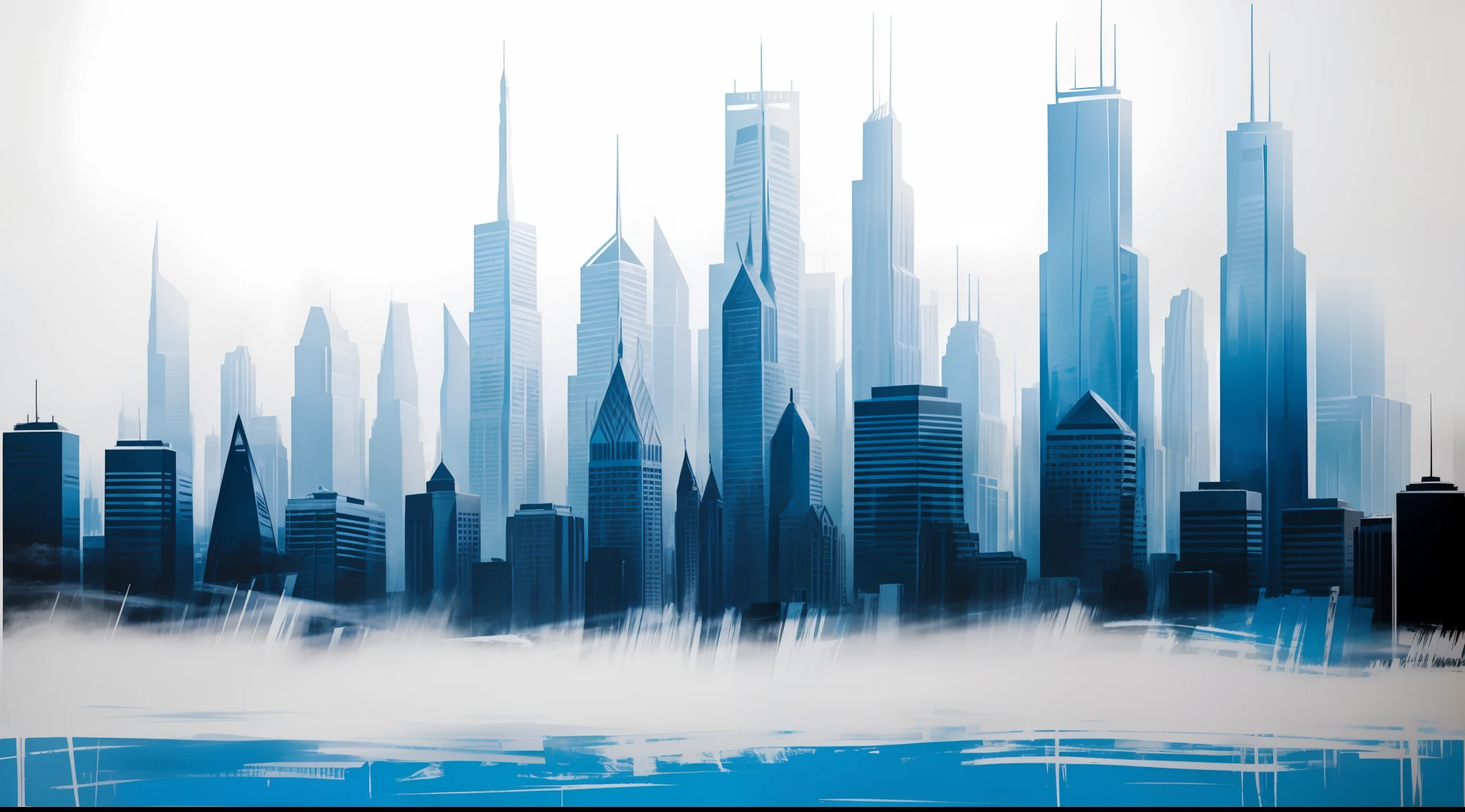 (abstract:0.2), modern art painting, bold brushstrokes of thick texturized paint, fog, street view of skyscrapers, blue, white and grays