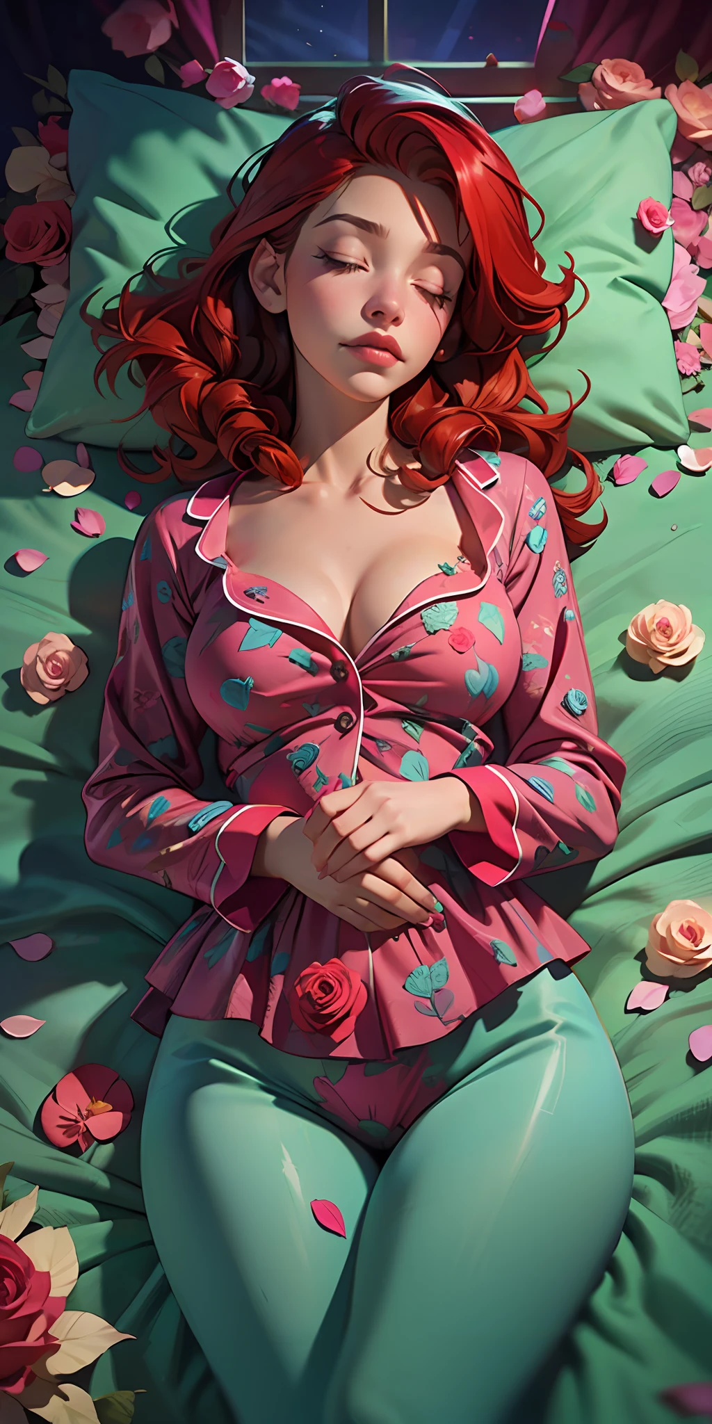 The Sleeping Woman, Realistic, She is dressed in pajamas, red hair color, parallax, Ultra Hyper Mega Contrast, sleeps on a chic bed, covered with rose petals, tmasterpiece, Winner of the photo contest, Beautiful lighting, Bioluminescence pollen in the air,