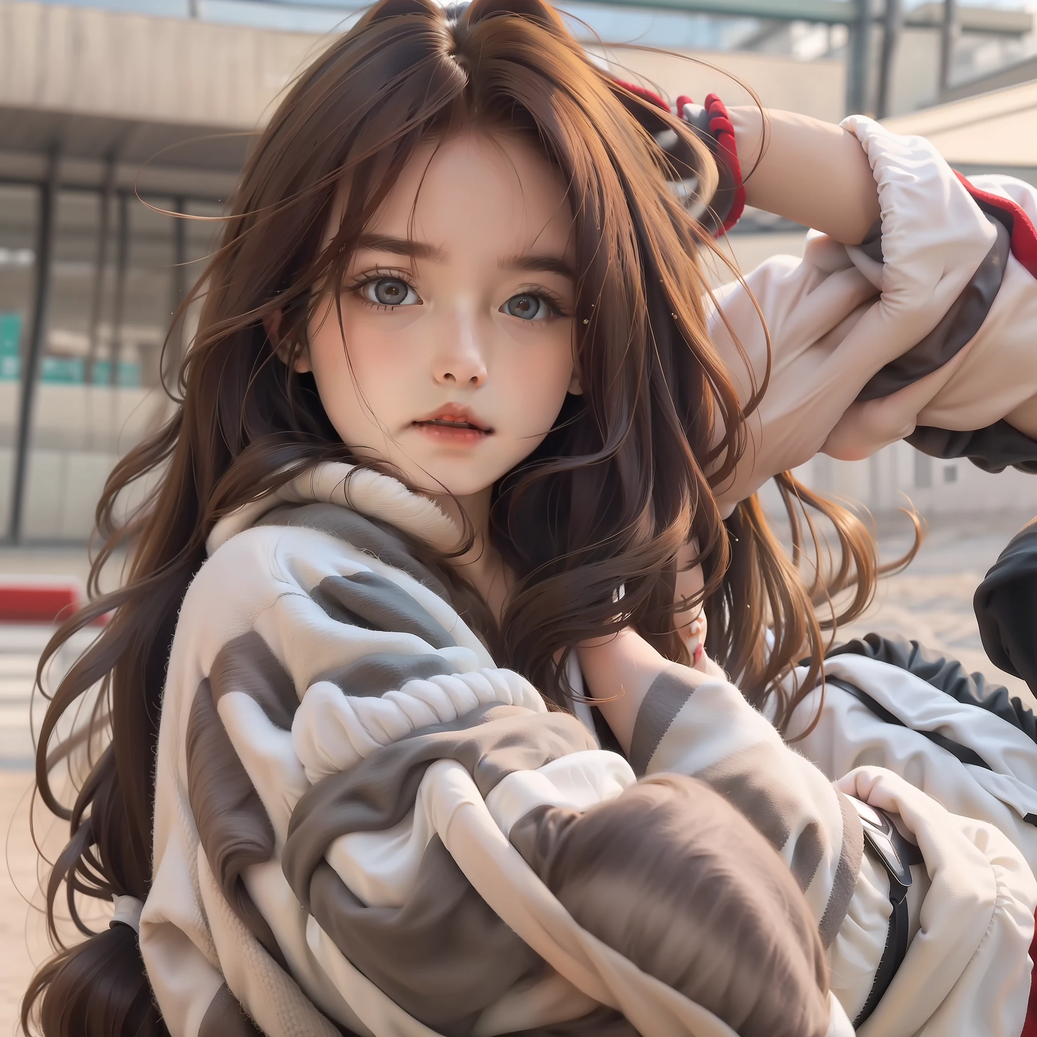 Realistic lighting, best qualtiy,1girll,Need,children's,realisticlying,tmasterpiece,brunette color hair,,Manteau blanc,Look up,The upper part of the body,Hairline,Fair skin,Ultra-fine face,Fine eyes,二重まぶた