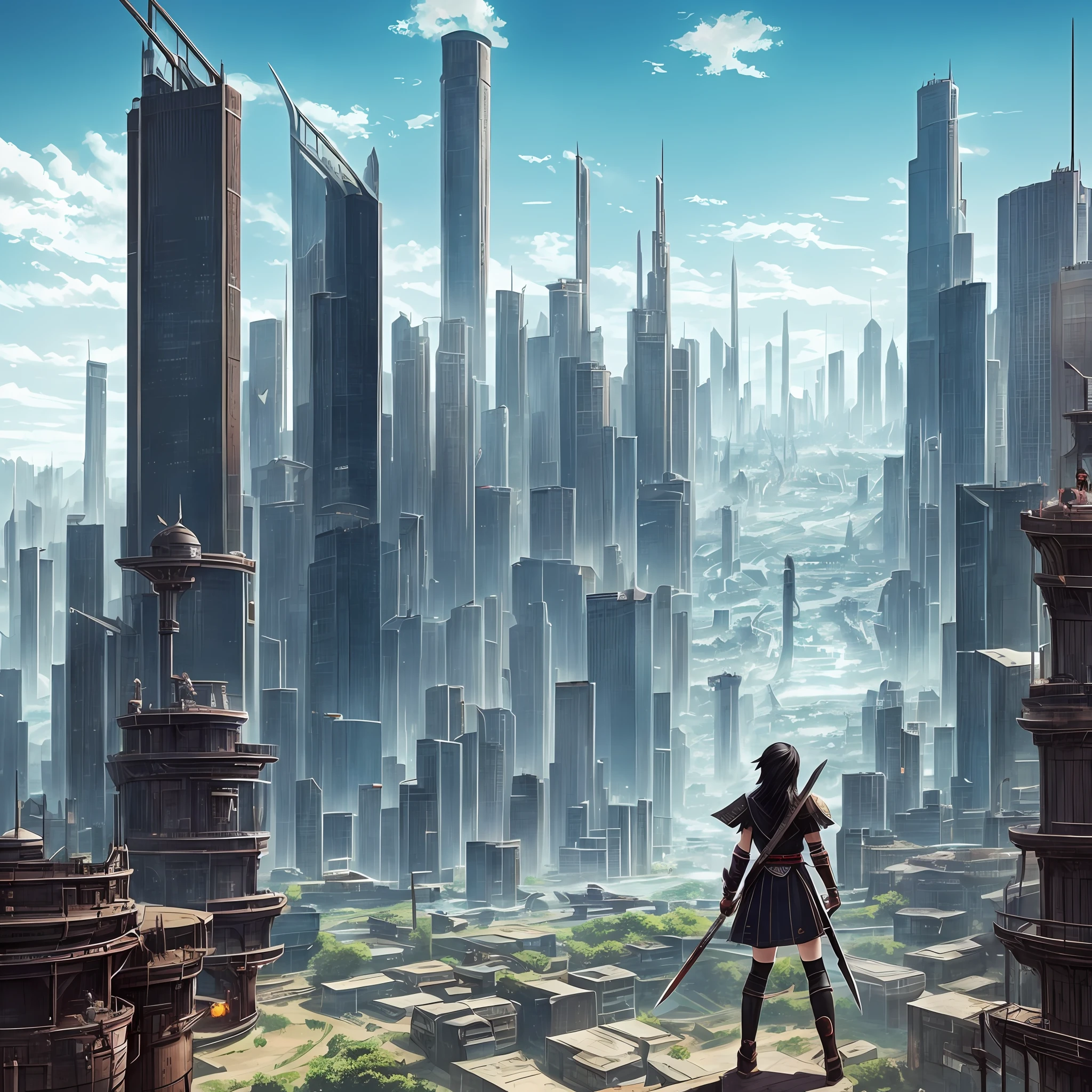 The black-haired girl looked at a huge tall machine city from a distance,The city is huge,The girl is very small,The girl carries a sword on her back,There are wyverns in the sky,final fantasy style,punky style --auto