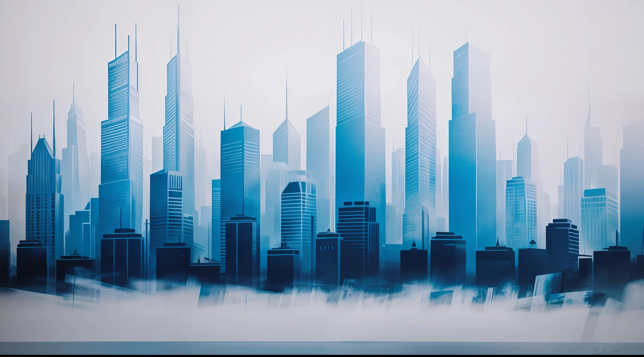 (abstract:0.2), modern art painting, bold brushstrokes, fog, street view of skyscrapers, blue, white and grays