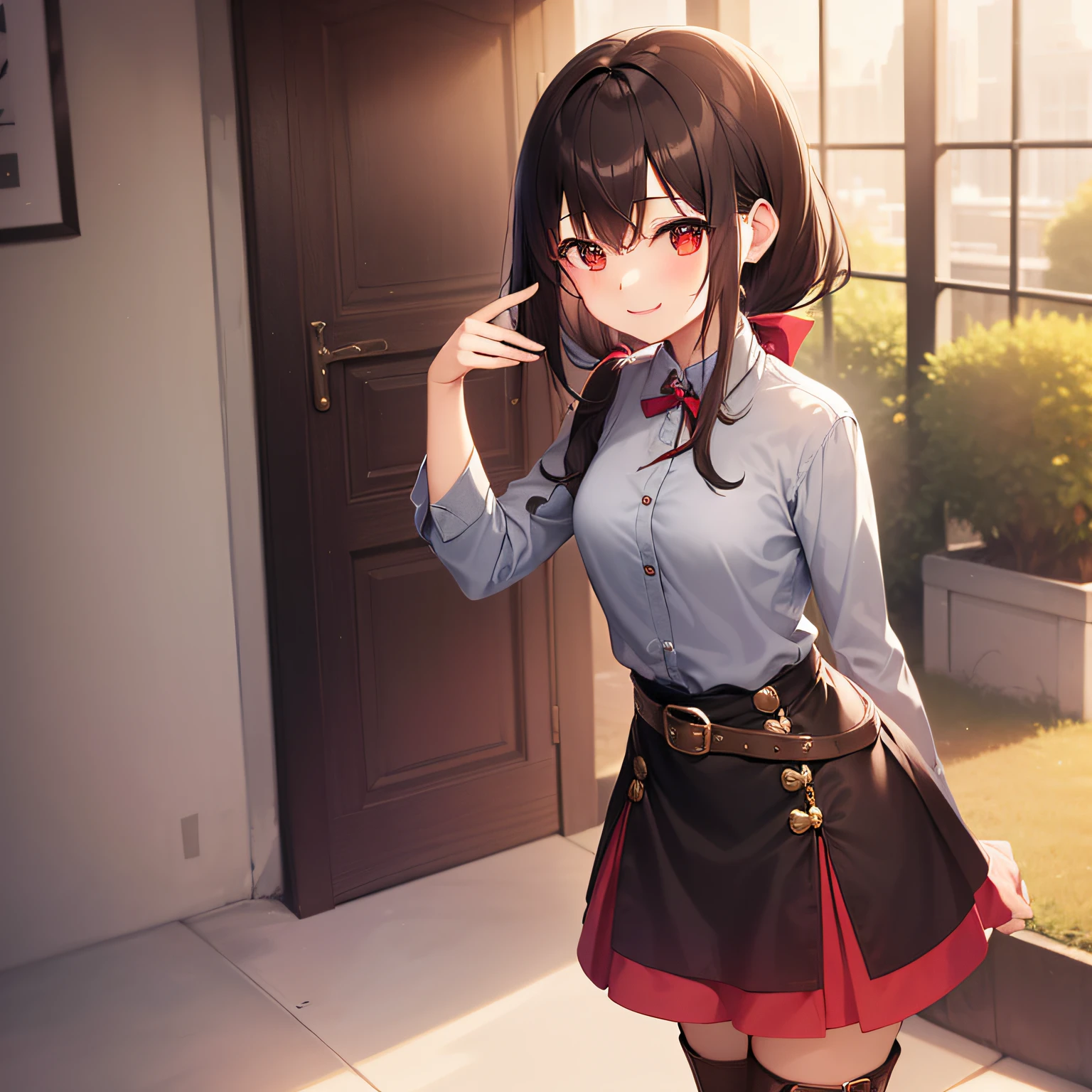 top-quality、extremely delicate and beautiful、((One girl)、、(Dark hair)、Gray clothes with vertical buttons、Belt at waist、grey miniskirt、((poneyTail))、(red hairband)、(Brown boots)、Red-eyed、Standing、A smile、
