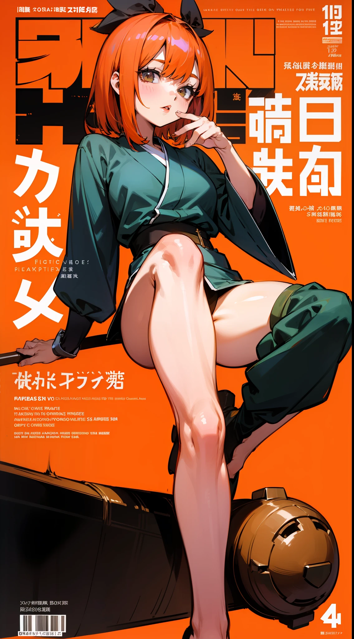 Nakano Yotsuba，orange color hair，Fleshy thighs，Masterpiece，Comic cover style，Comic title,tmasterpiece， High- sharpness， high high quality， 详细的脸， detailed body render， Dark lips