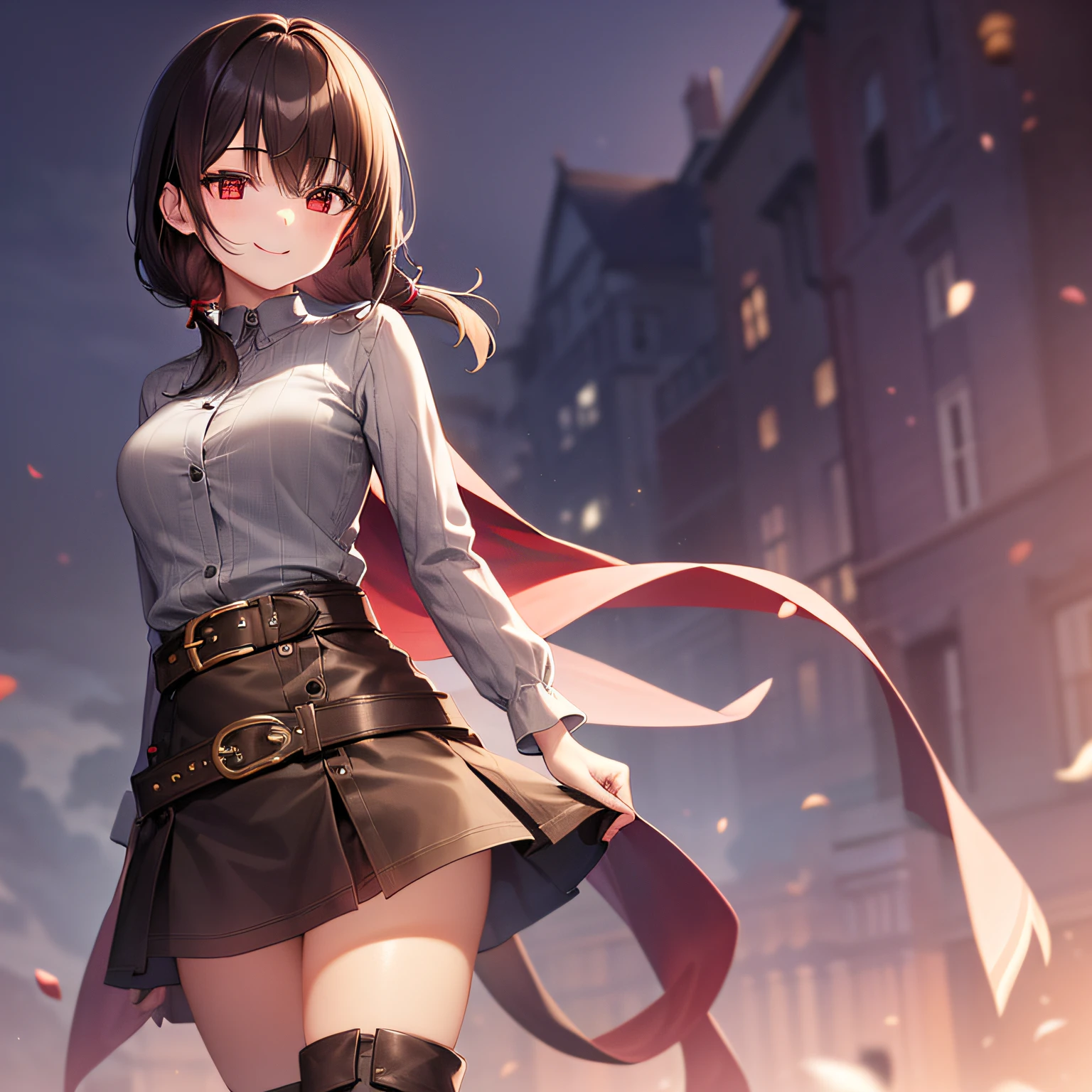 top-quality、extremely delicate and beautiful、((One girl)、11 year old、(Dark hair)、Gray clothes with vertical buttons、Belt at waist、grey miniskirt、((poneyTail))、(red hairband)、(Brown boots)、Red-eyed、Standing、A smile、