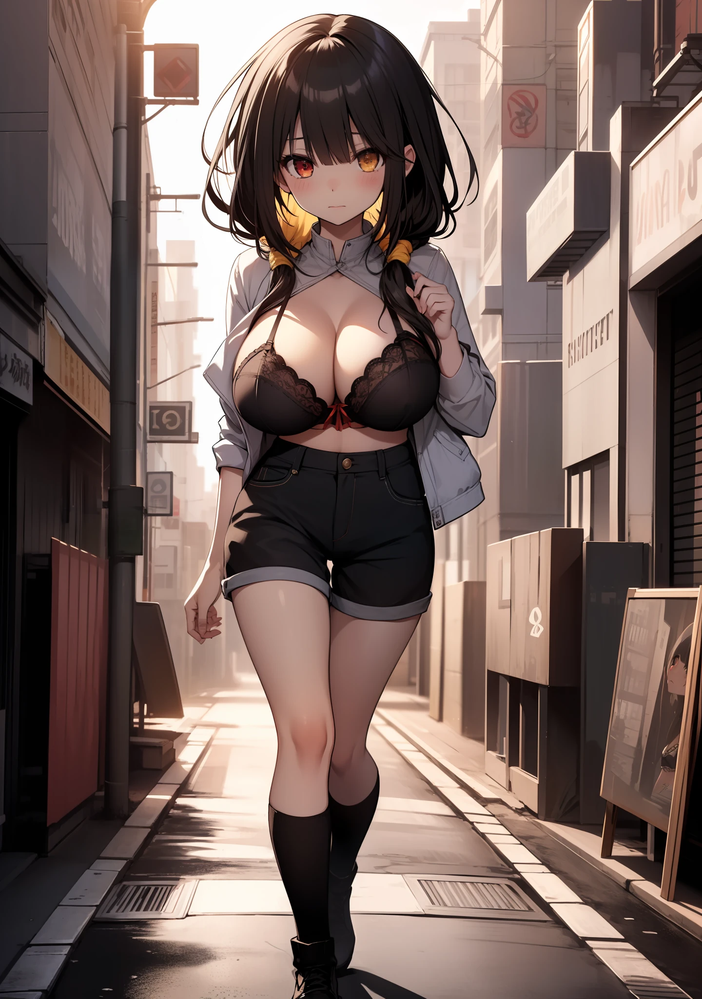 Masterpiece, high quality, best lighting, 1girl, ((tokisaki kurumi)), long hair, black hair, full body, mini bra, short bra, mini pants, short pants, monochrome, ((right red eye:1, left yellow eye:1)), low twintails, perfect body, ((big thigh)), ((big breast)), blush, looking at viewer, beautiful girl, cute, city