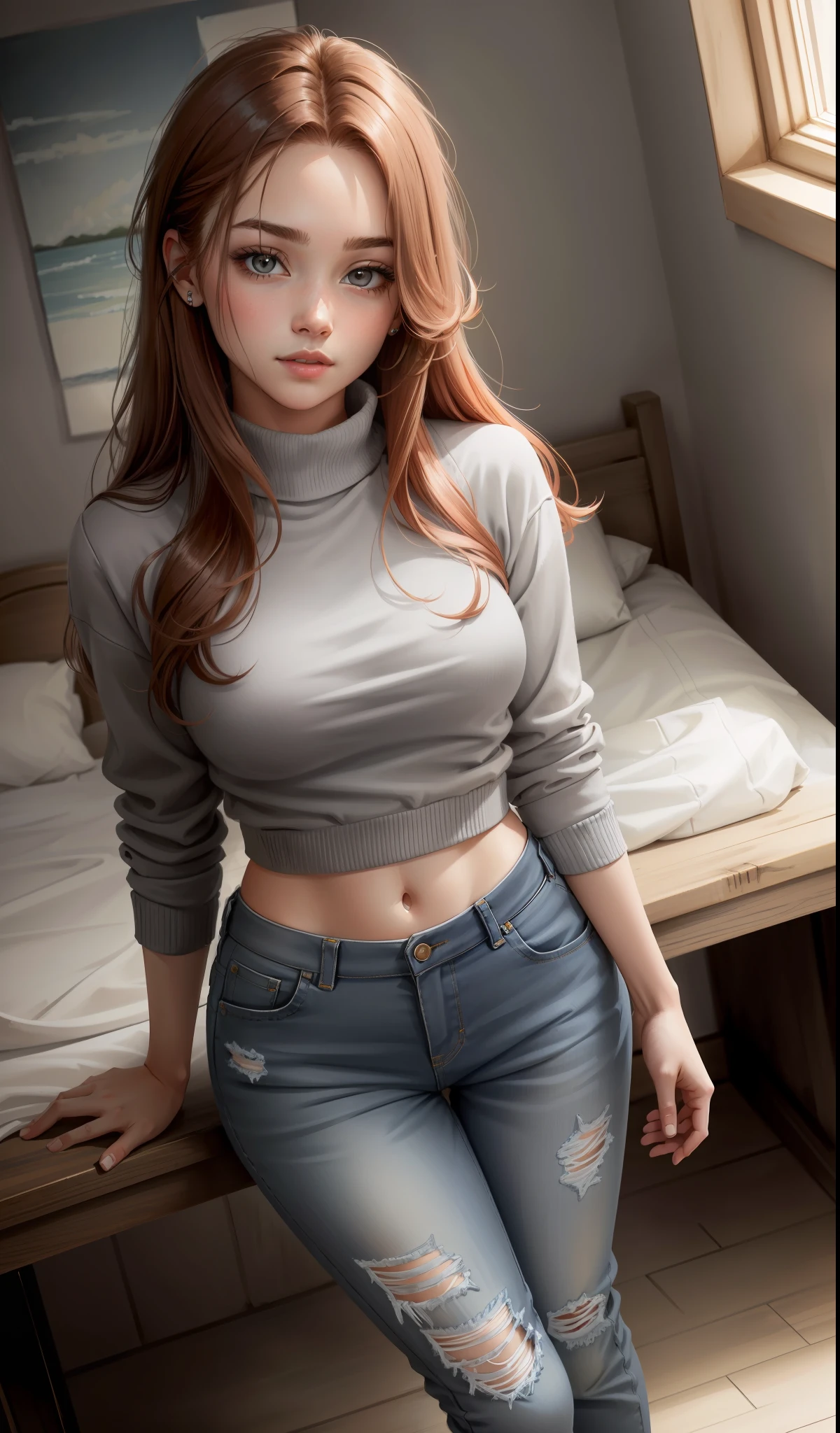 a woman in a grey turtleneck sweater and ripped jeans, cute face, white and red shoes, 17 years old, adult face, long hair, ((dark auburn hair)), gleaming detailed grey eyes, small breast size, slim figure, soft pink lips