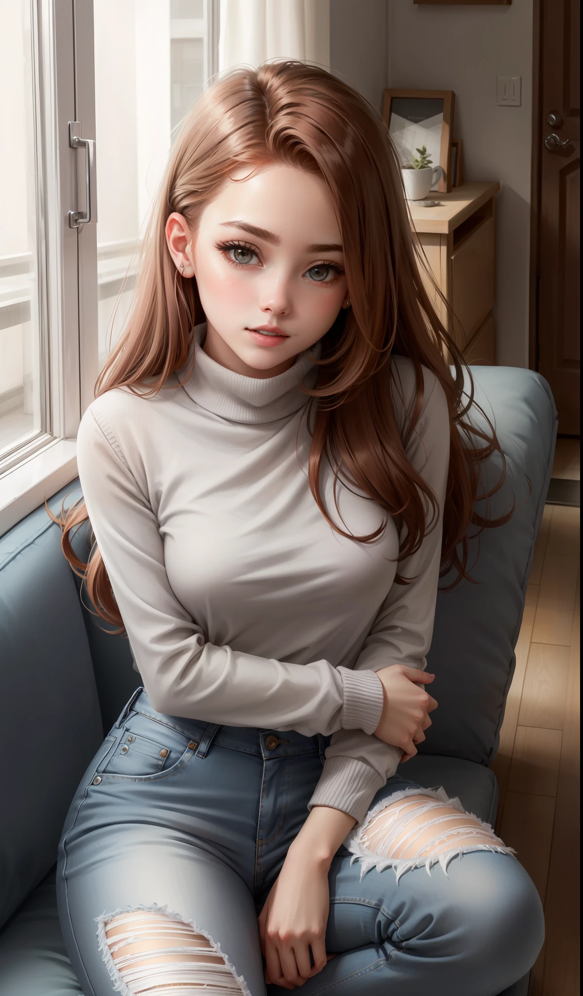 a woman in a grey turtleneck sweater and ripped jeans, cute face, white and red shoes, 17 years old, adult face, long hair, ((dark auburn hair)), gleaming detailed grey eyes, small breast size, slim figure, soft pink lips