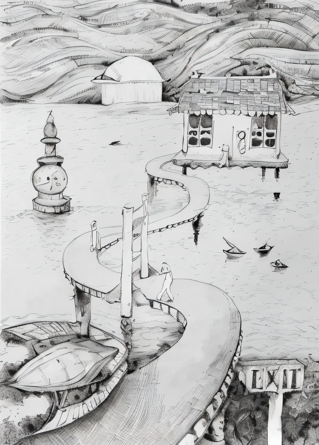 Draw a boat on the beach,The background is a house, surrealism painting, sketch of a lucid dream, Black and white illustration, hyper-realistic illustration, pencil and ink drawing, author:Maximilian Giemsky, pen and ink illustration, monochrome drawing, author:Jan Kip, Surreal!!!, Inspired by Remedios Varro, pen and ink illustration