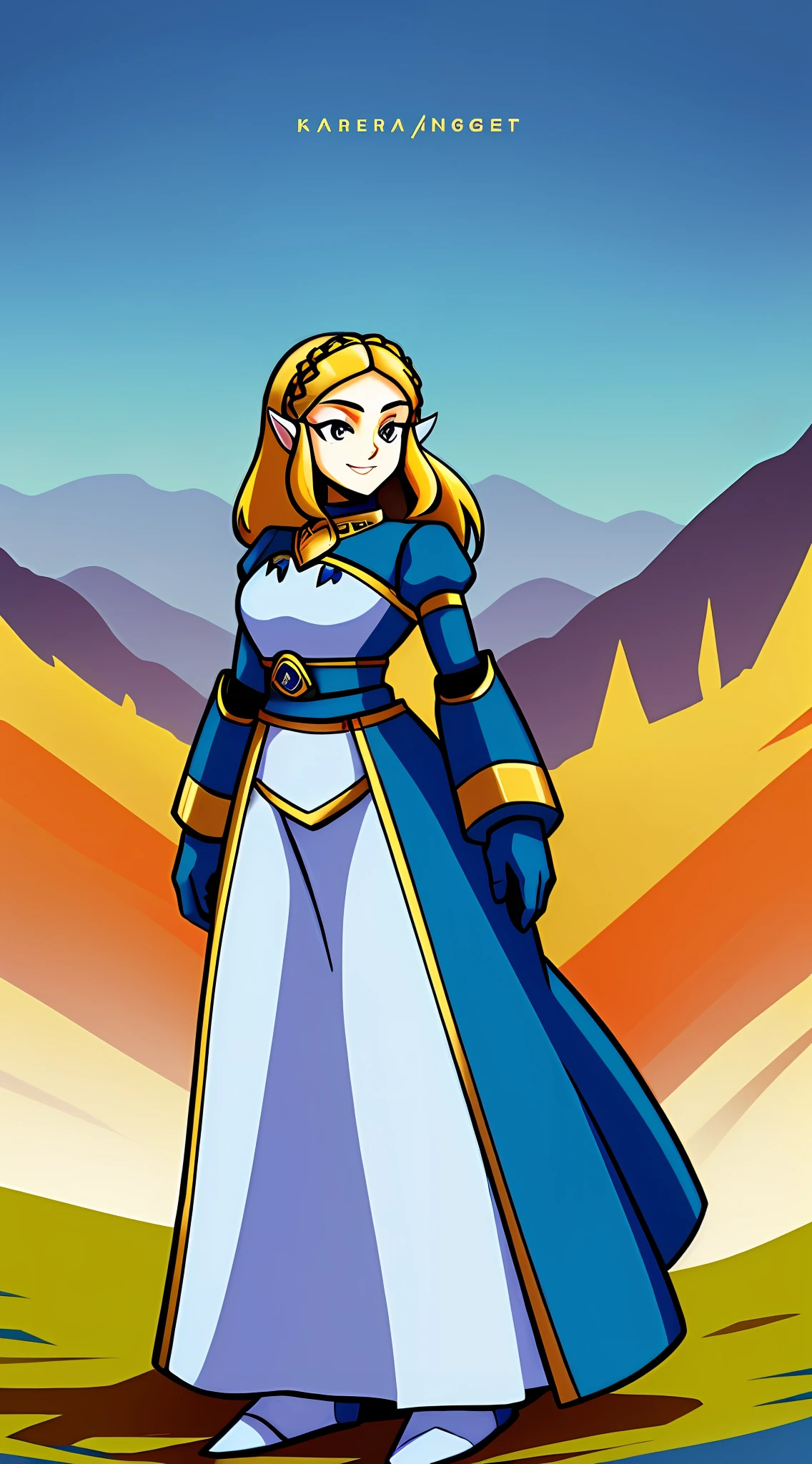 1Girl, Princess Zelda wearing Heavy Blue white and gold Knight Armor, heavy mech armor, cyber armor blue and white, gold belt, heavy blue white dress, long hair, long tapered blue dress with gold and white highlights, princess armor, long flowing white dress with blue highlights and gold waist belt, blue mechsuit, looking at viewer at eye-level, full-body, forest background, forest background with large mountains, heavy armored white gold and blue dress, looking at viewer with closed smirk