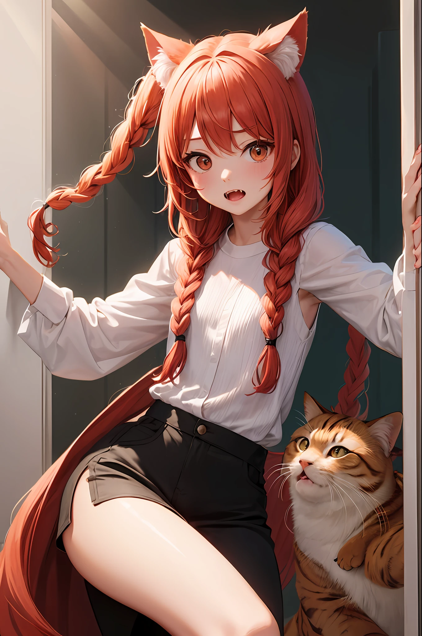 Hifh detail furry girl, with a loose top, long light red hair with braids, shining cat eyes, a fluffy tail, dynamic pose, tiny and short clothes, small body, hiding, worried face, opened mouth with fangs