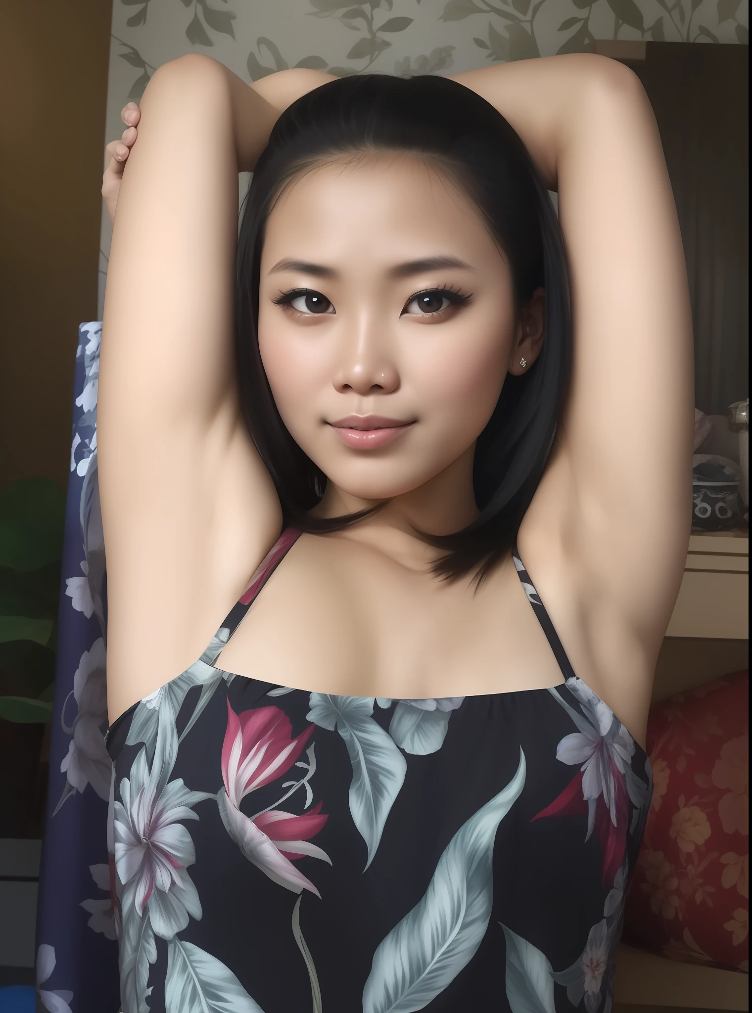 Hot exotic indonesian woman with arms strechcing and armpits exposed above her head.