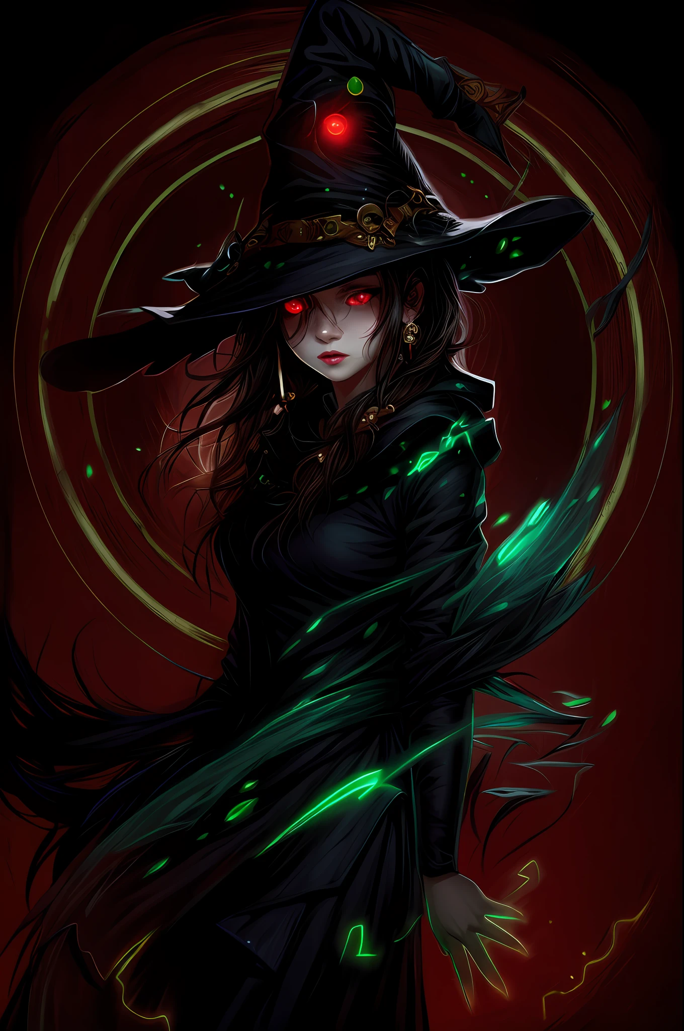1girl,solo,long hair,looking at viewer,bangs,black hair,red eyes,hat,hair between eyes,open mouth,green eyes,upper body,earrings,black head wear,witch hat,glowing,heterochromia,witch,glowing eye,J horrow style