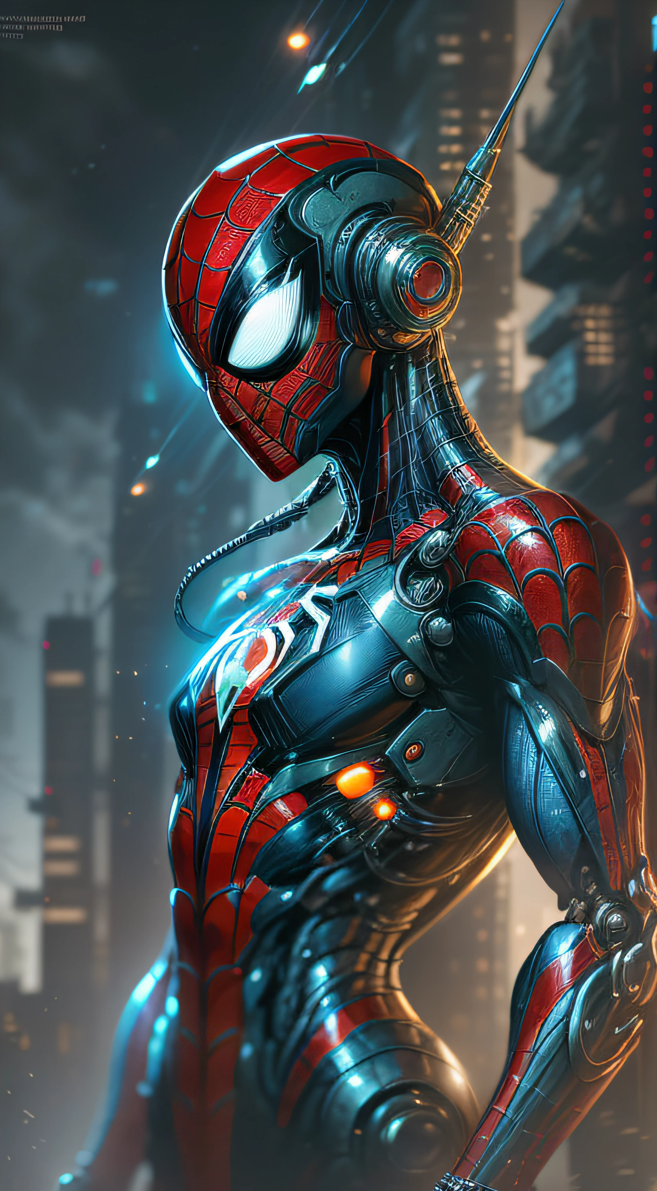 Spiderman-Biodroid from Marvel photography, biomechanical, complex robot, full growth, hyper-realistic, insane small details, extremely clean lines, cyberpunk aesthetic, a masterpiece presented at Zbrush Central