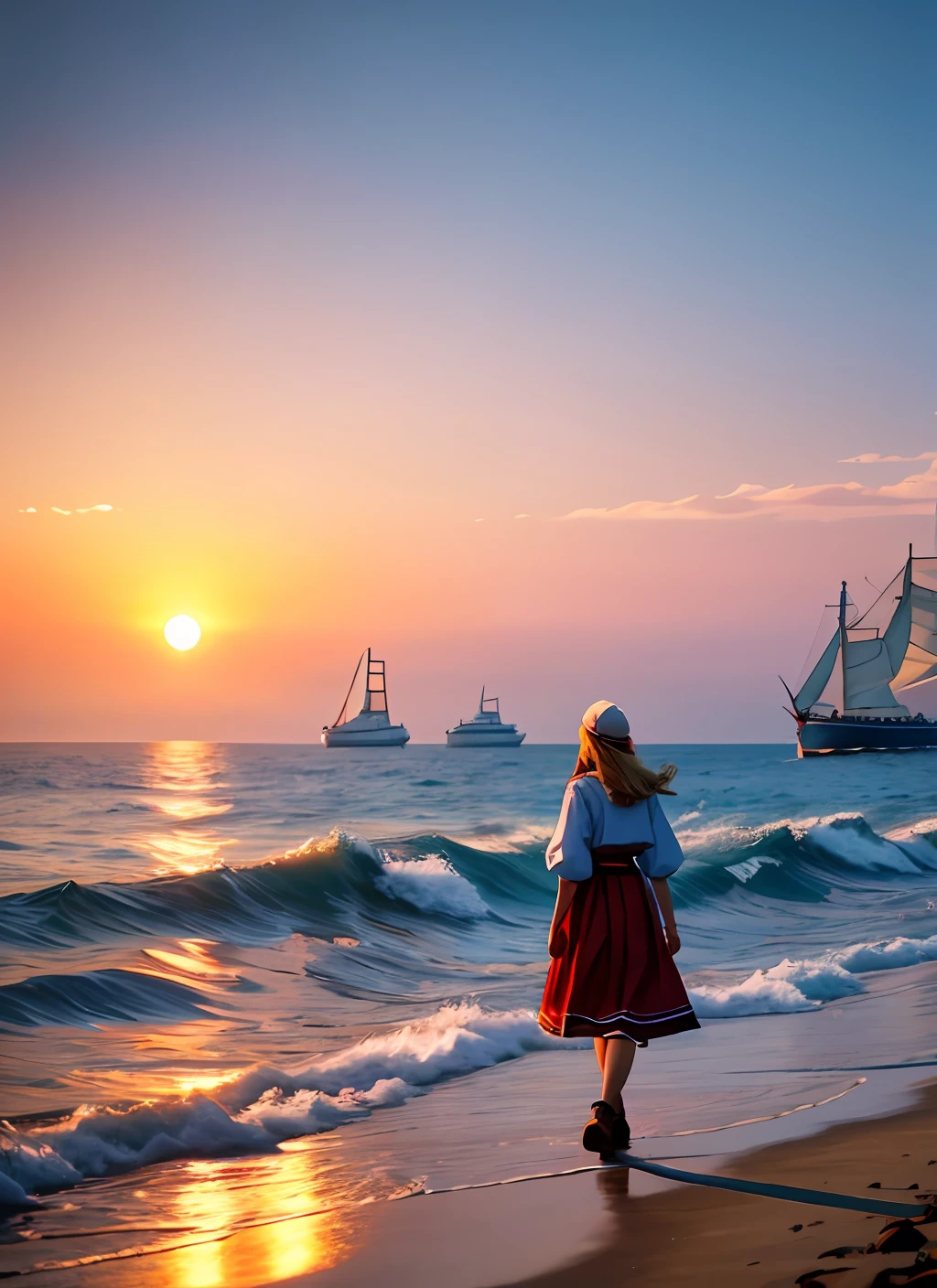 one-girl,the sea,Sunset,taking a walk,Sail ships,lighthouse,k hd,8K