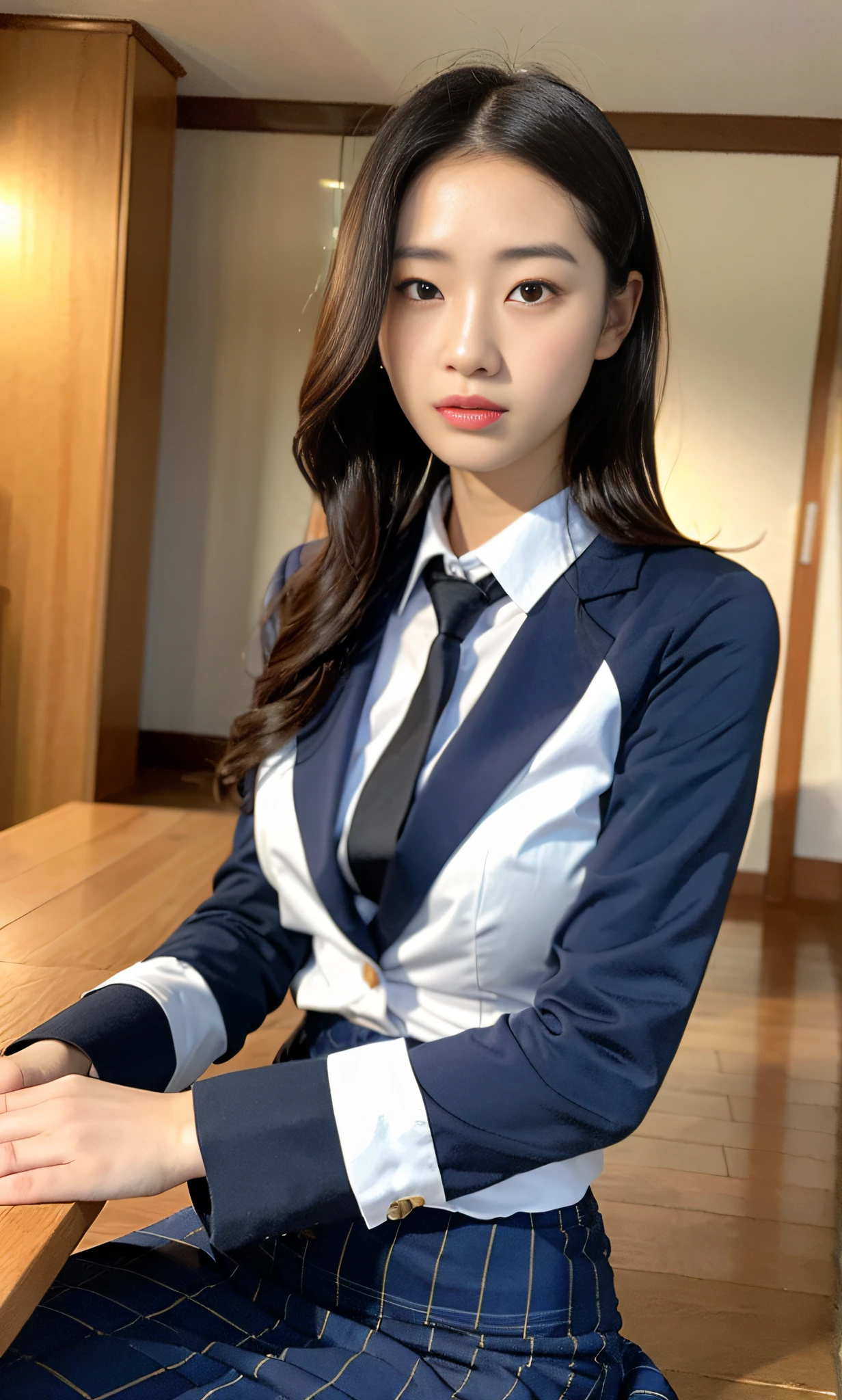 ulzzang -6500-v1.1, (Raw foto:1.2), (Photorealsitic:1.4), a beautiful detailed girl, japanes、2 legs、2 arms、extremely detailed eye and face, beatiful detailed eyes, Panchira、pantiy、full bodyesbian、underpants、Show pants、Sit up、burden、Ridiculous, unbelievable Ridiculous, huge filesize, ultra-detailliert, hight resolution, ighly detailed, top-quality, ​masterpiece, Kemomimi, ((Japanese girls' high school uniform)), illustratio, ighly detailed, nffsw, unification, 8k wallpaper, magnifica, finely detail, ​masterpiece, top-quality, Highly detailed ticker uniform 8K wallpaper, Light on the Face、电影灯光、a 18 year old girl、