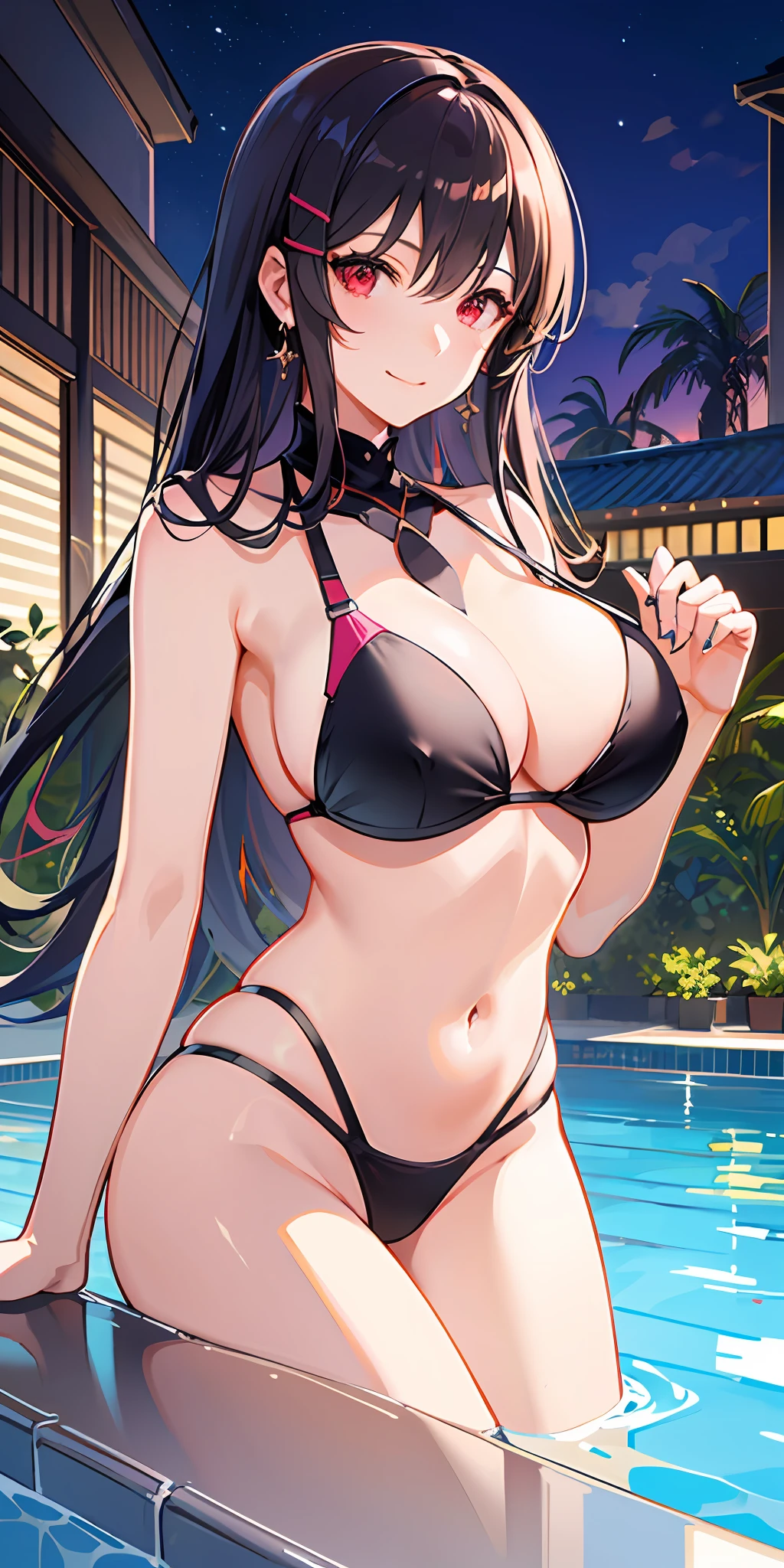 (Masterpiece:1.2, high quality), (pixiv:1.4), (1girl:1.2), (solo:1.2), (shenqi:0.6), ,
kasumigaoka utaha,Mature female body,red eyeshadow,large breasts, swimsuit under clothes, white hairpin,red eyes,blush,smirk,
out door,Swimming pool, top floor, (night:1.5), stars, lights, plants, potted plants, luxurious swimming pool,There are many beautiful girls in bikinis in the background