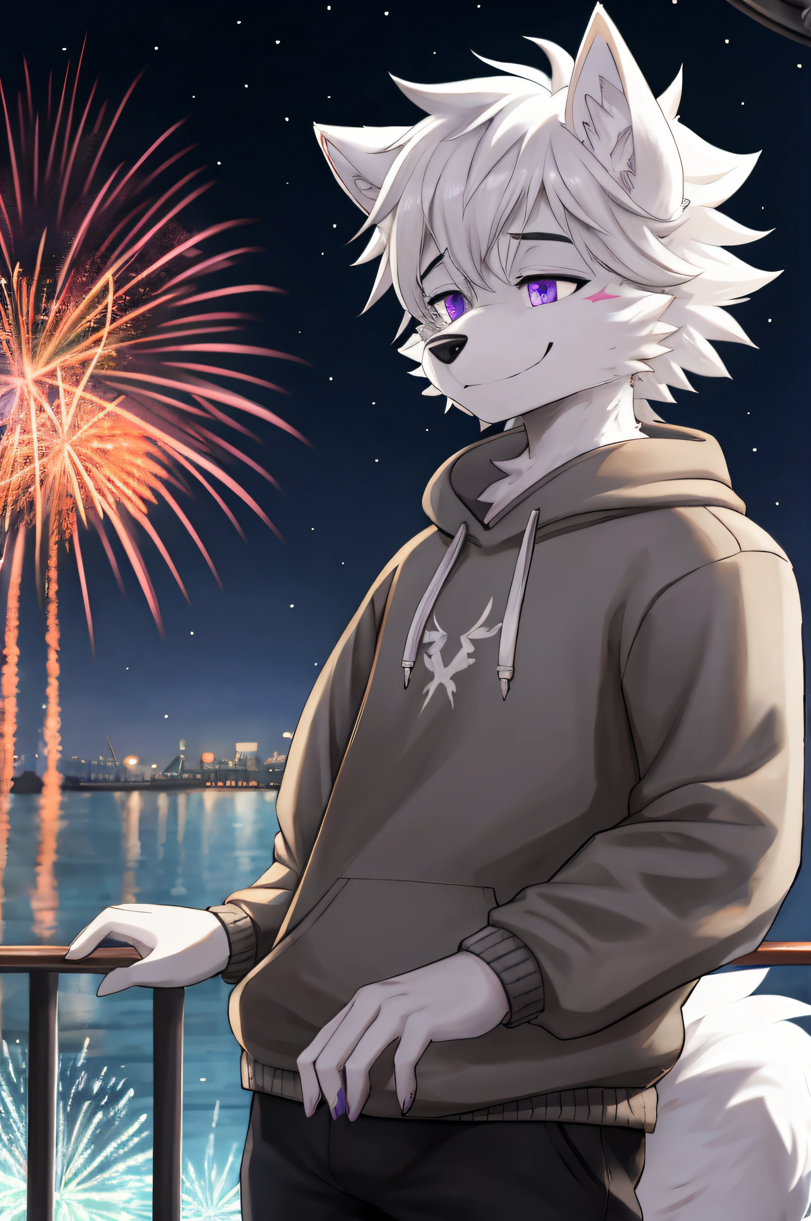 （Furry art， uploads_On_e621：1.4， furry anthro：1.5）， coyote，White hair，White hair all over，The hair is white，The ears are white，a purple eye，Closed expression，male people，male people， hairy pubic，White tail， anthropomorphic turtle， Wear a sweatshirt， 独奏， do lado de fora， On a cruise ship，fire works， focal， Facial and upper body focus， looking at viewert， smiling with closed eyes （RTX lighting， A detailed）A furry,furrsuit，Only one 15-year-old boy had a wolf face，Gray fur，Sagging ears，Ears drooping，sitted，Closed expression，Wear a white sweatshirt，Silver eyebrows，Sweatshirt black purple，Skin details of hair，Sagging ears，Closed expression，Deviation trend，Furry character，White furry body，The white body has hairy hair，Gray-haired body，Hairy neck Antro，detailed purple eyes，1.3，There is a white wolf tail， 8k hdr，dark shadow，Wide dynamic range， hdr，low-light：1.2，Detailed fireworks in the background, In the air，There is a flesh-colored flesh pad in the center of the palm，hairy hand，Blue pupils，There are highlights in the eyes，The ears are purple，Purple ears