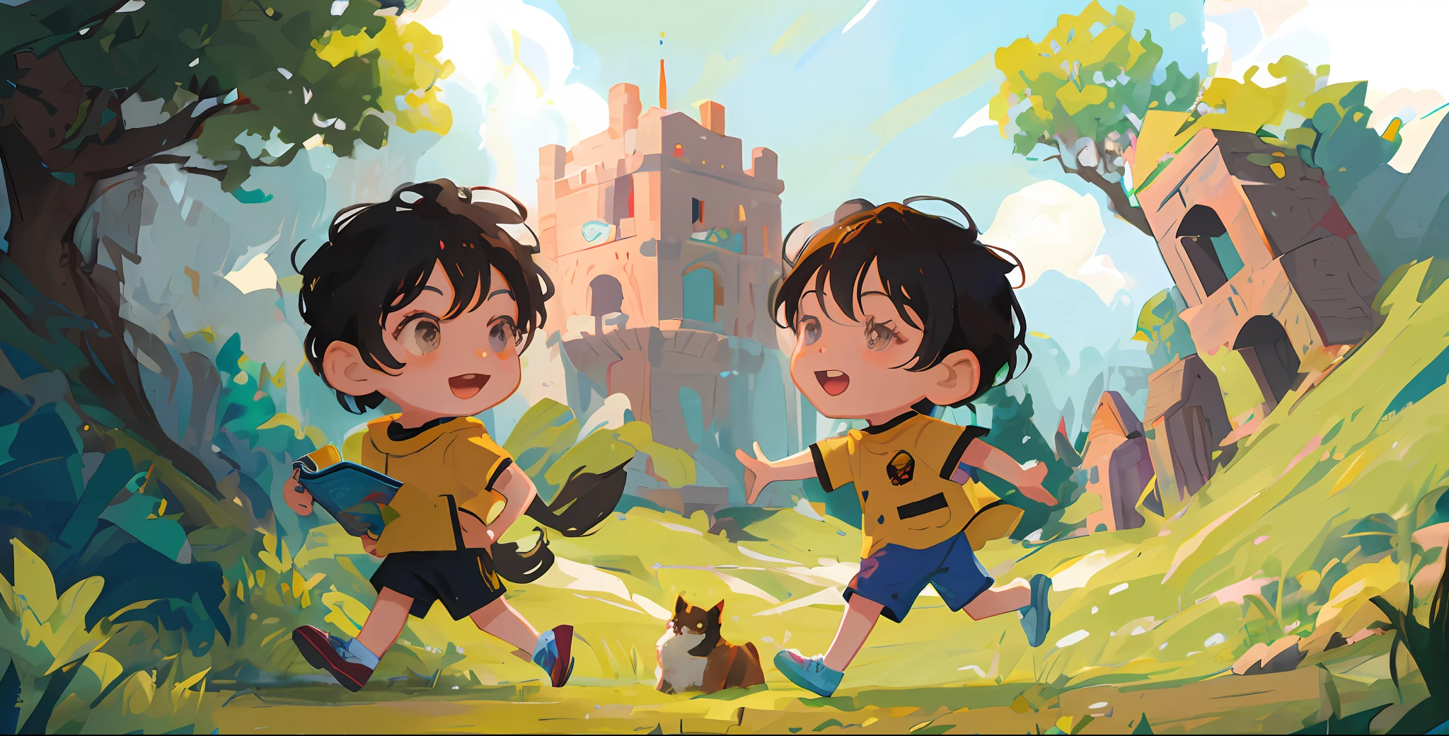 Cartoon boy and girl running in park with a dog, Arte infantil em Artstation, illustration of children's books, Game Illustration, children illustration, illustration of children's books, illustration of children's books, colorful kids book illustration, Directed by: Yi Inmun, por Yang J, illustration of children's book, illustration for children's book, illustration for children, story book illustration, Directed by: Ni Duan, Children's illustration Make a logo of this image