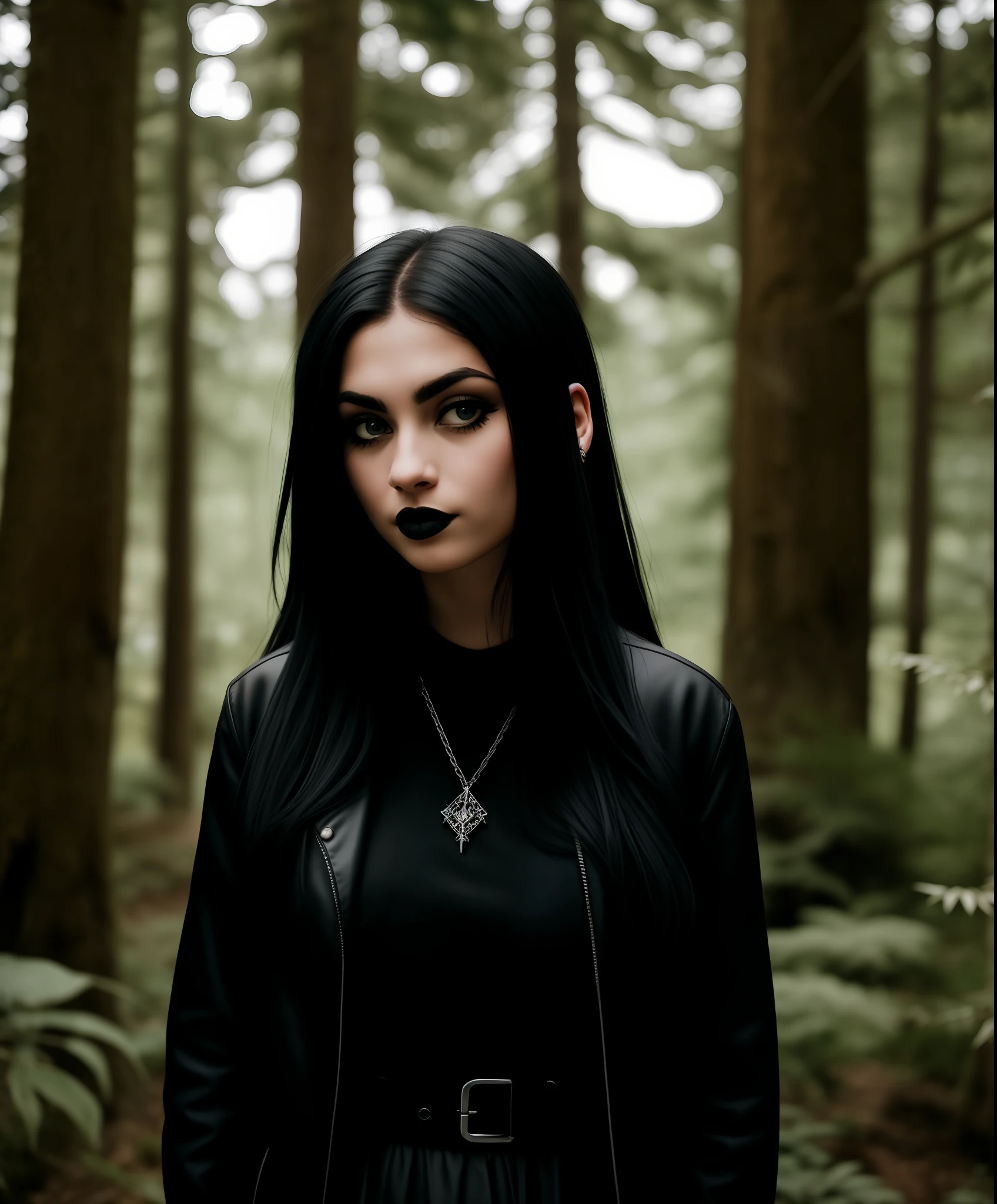 RAW photo, a portrait photo of goth woman, traveler clothes, standing in the forest, natural skin, 8k uhd, high quality, film grain, Fujifilm XT3