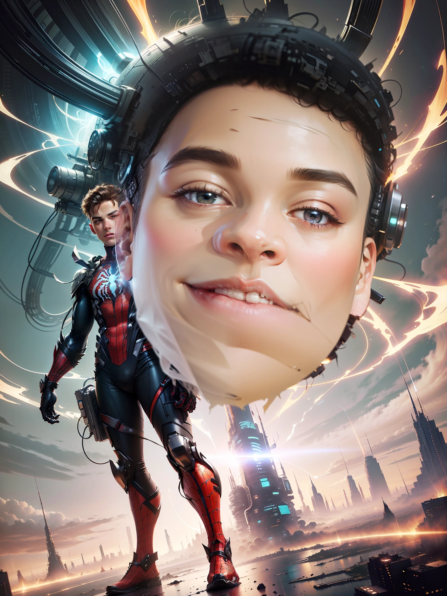 18-year-old male wearing torn Spider-Man shoulder costume with futuristic city in the background --auto --s2