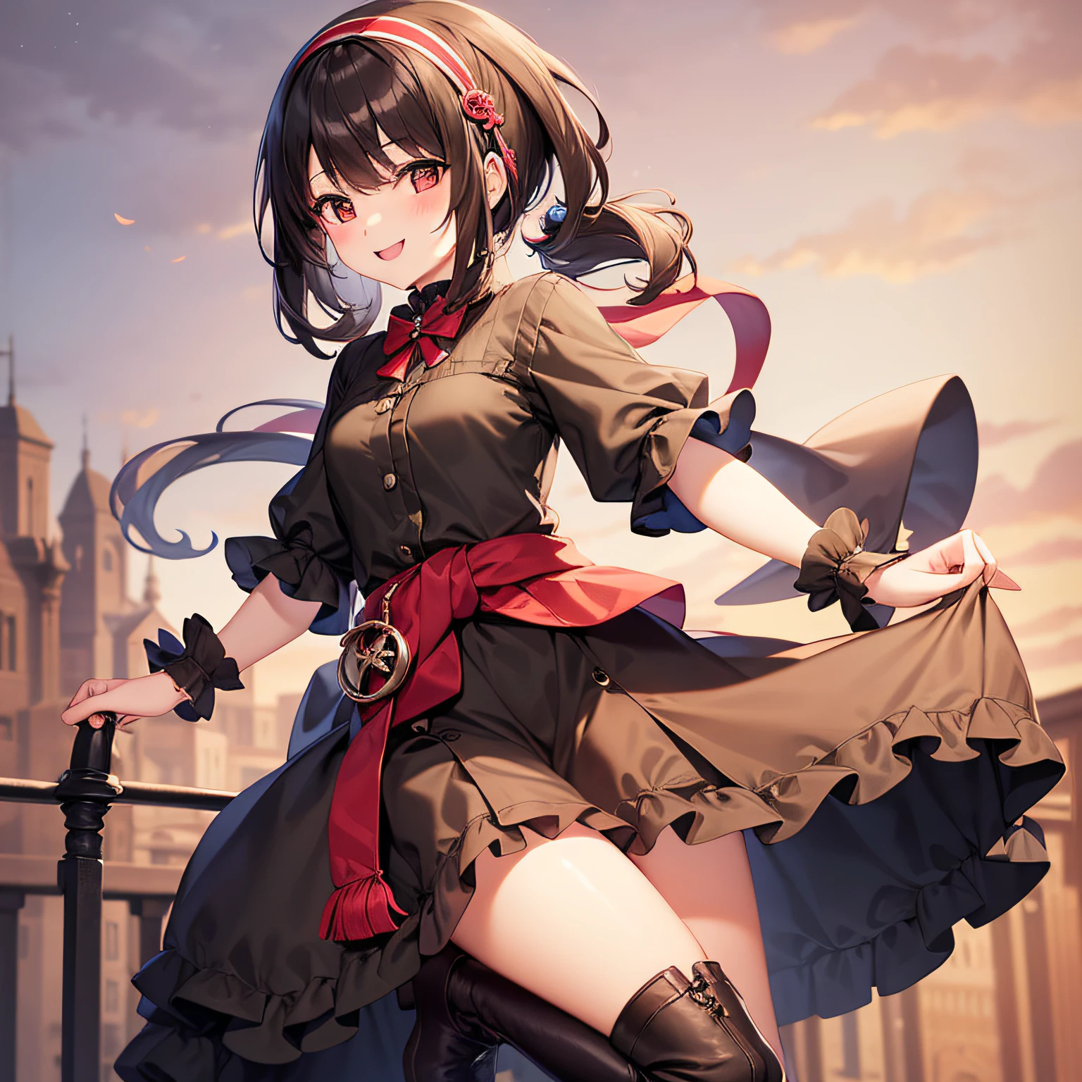 top-quality、extremely delicate and beautiful、(((Only 1 person)))、11 year old、(Dark hair)、Gray clothes with vertical buttons、Belt at waist、grey miniskirt、((poneyTail))、(red hairband)、(Brown boots)、Red-eyed、A smile、