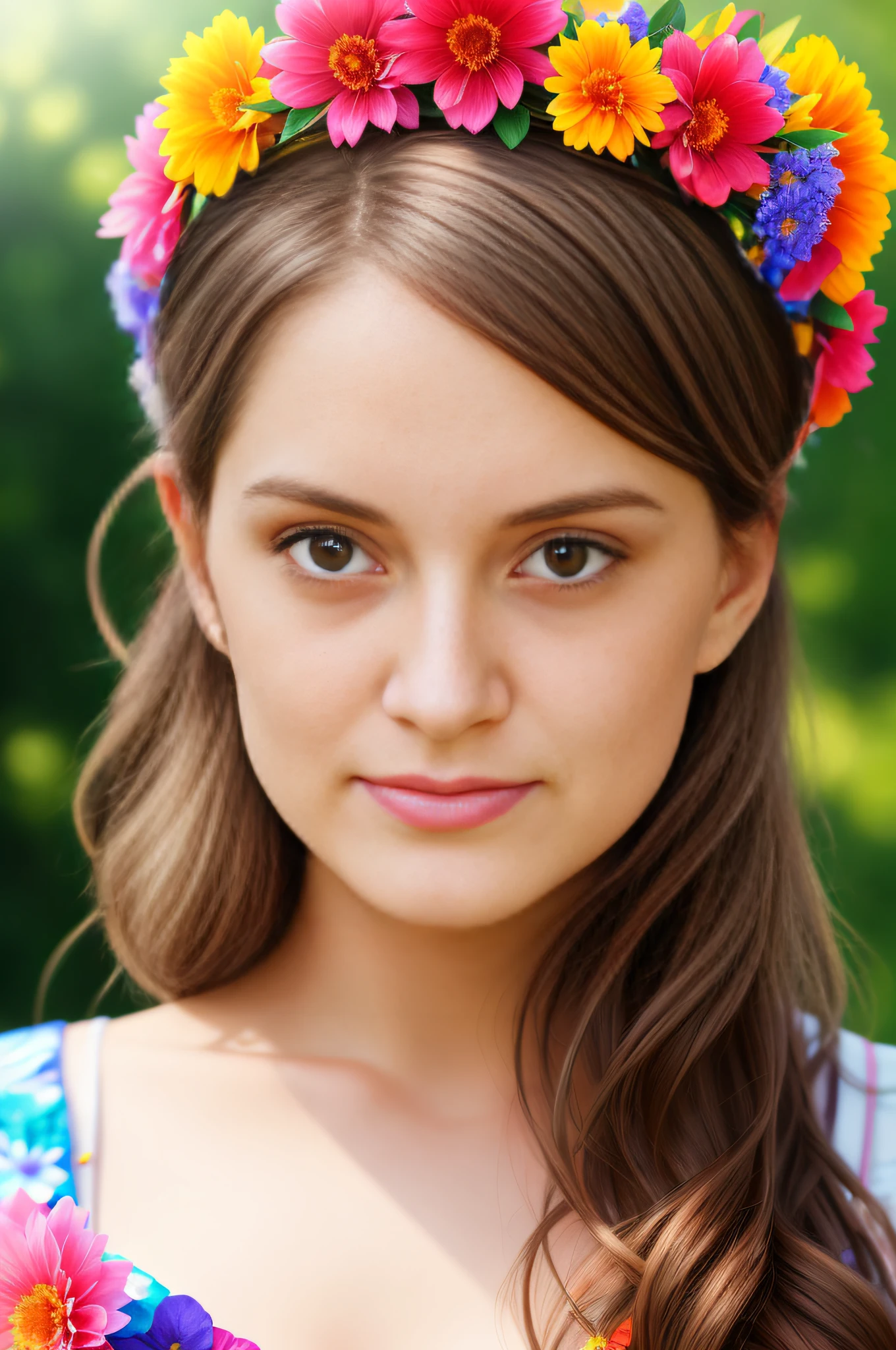 portrait of a beautiful young woman with a colourful flower crown, summer, beautiful lighting, (photorealistic, sharp focus), ultra detailed, trending on artstation, 8k, style-paintmagic,