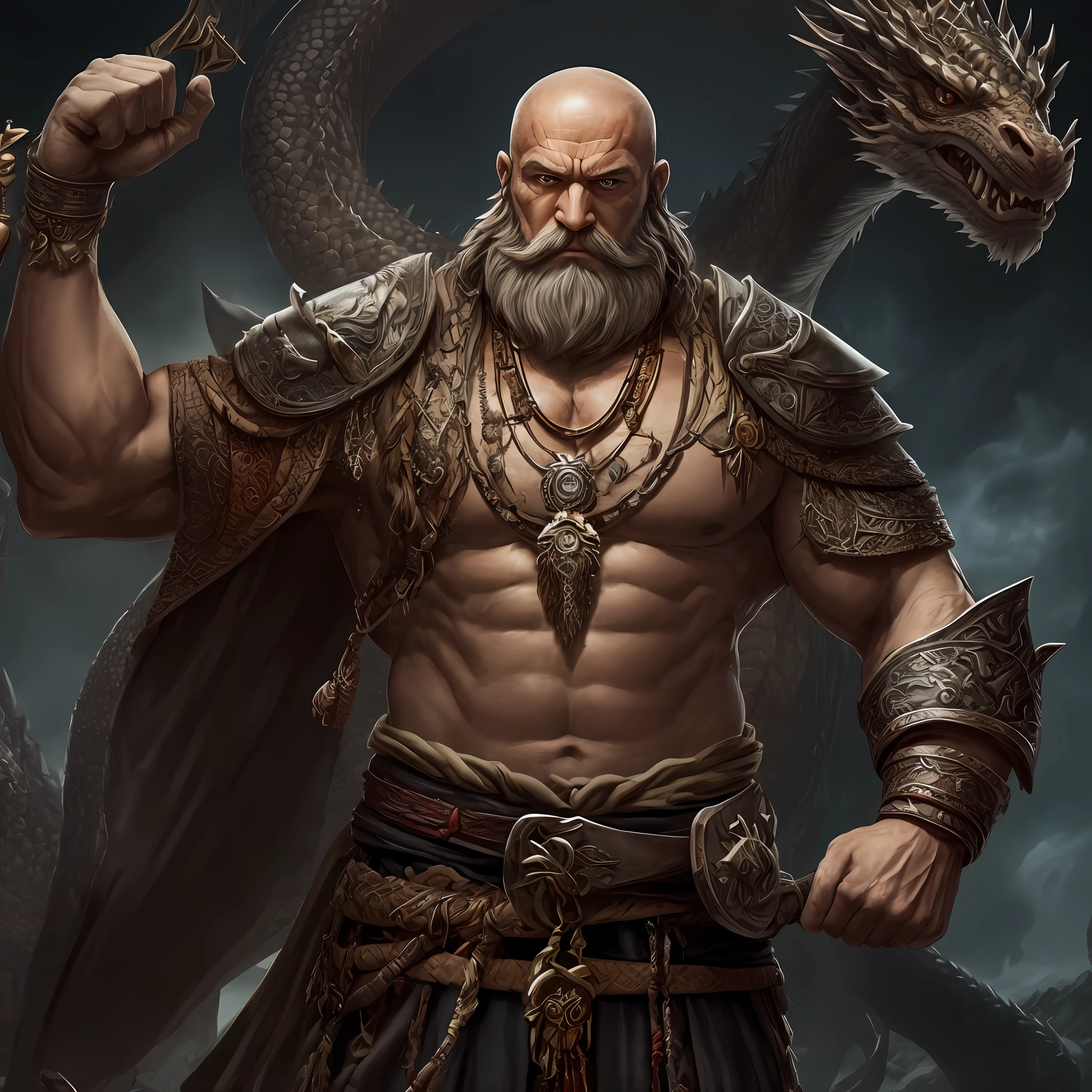 A strong man ,bare arms, Shield in hands ,On the shoulder of the Dragon ,dark-skinned, with a scar , with a beard, Around the neck is an amulet, in full height --auto