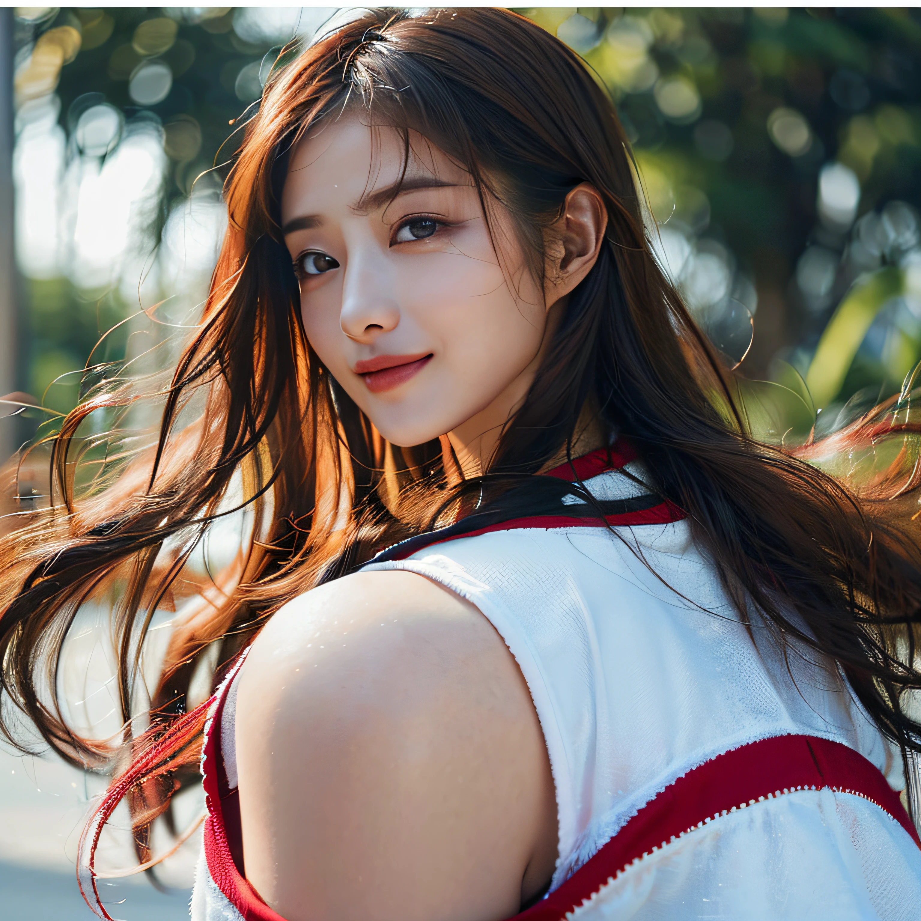 (8K、Raw photography、top-quality、masterpiece:1.2)、(realisitic、Photorealsitic:1.37)、ultra-detailliert、超A high resolution、One lady、独奏、big breasts、bobhair、beautifull detailed face、(a smile)、raise the corners of one's mouth、Constriction、(Slim waist:1.3)、Clarify the hand、full of sweat、basketball、coat、depth of fields、Focusing、Sun'rays、Good composition、(Bokeh:1.2)、Beautiful eyes、the pose、Constriction、Basketball Uniforms、Dark brown hair、Unkempt hair、long hair flowing with the wind、(ulzzang-6500:1.2) mix4、hiqcgbody、Clear eyes、precise face features、Angle from behind、Slightly powdered skin texture、Feathering、(Detailed skin)、Realistic texture、Muffled light、Gradient Blending、Perfect face and proportions、Dense skin Beautiful detailed skin、Skin Texture、Floating hair、Professional Lighting、