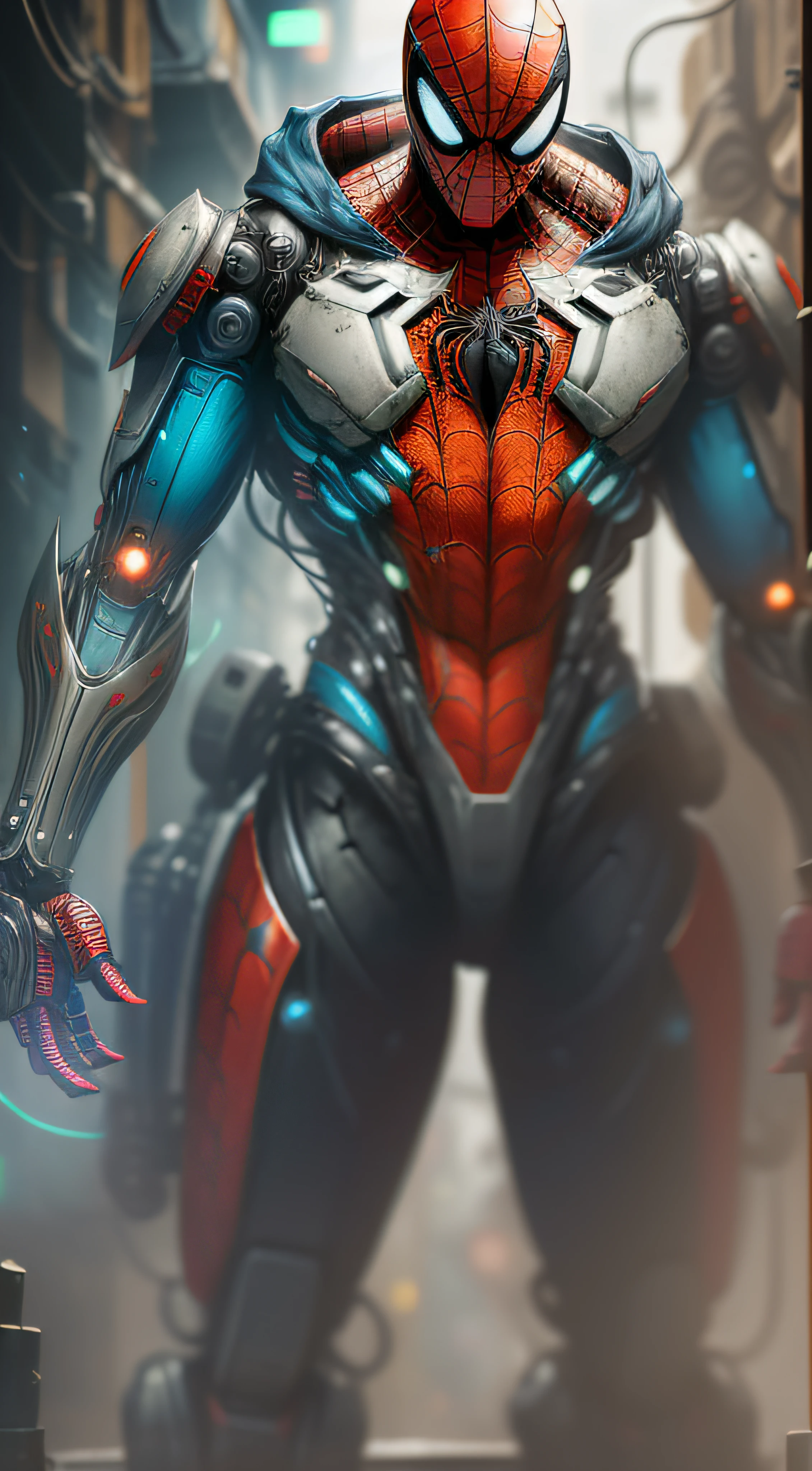 Spiderman-Biodroid from Marvel photography, biomechanical, complex robot, full growth, hyper-realistic, insane small details, extremely clean lines, cyberpunk aesthetic, a masterpiece presented at Zbrush Central