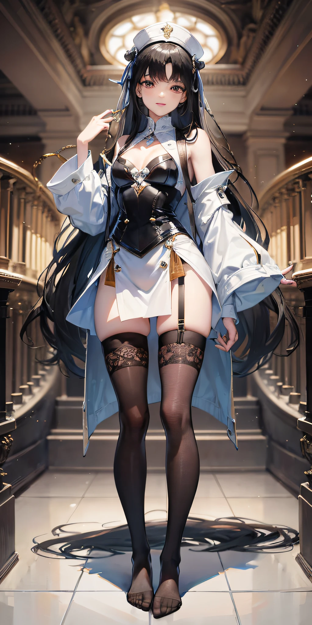 tmasterpiece,best qualityer,4K,1 girl,quadratic element,Royal Sister,Stand up,mature,black lence stockings,Chest medium size,Long legs,White skin,ssmile,Long black hair,No shoes,Thin leg
