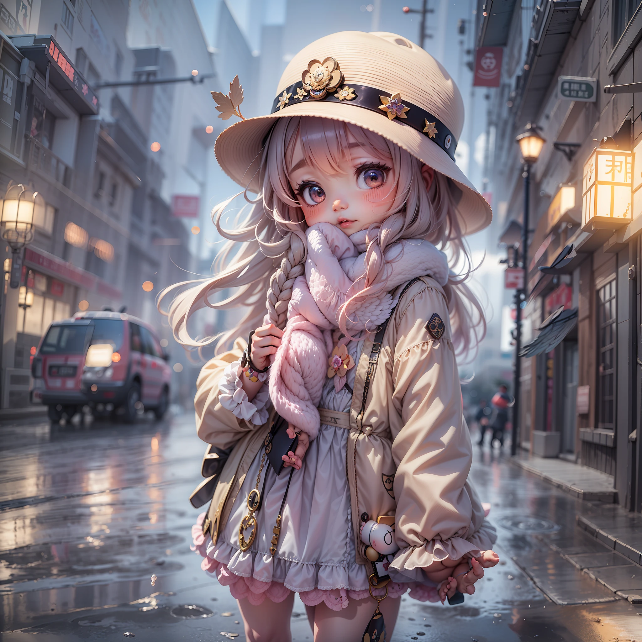 On the streets where it rained heavily，A girl in a hat and dress，There are 2 wings behind him，Loli Girl，super adorable，Moe Moe，kawaii，Inspired by Lyckey，Chibi Art，inspired by Tawaraya Sōtatsu，Inspired by Yundu Snow，inspired by Wang Lü