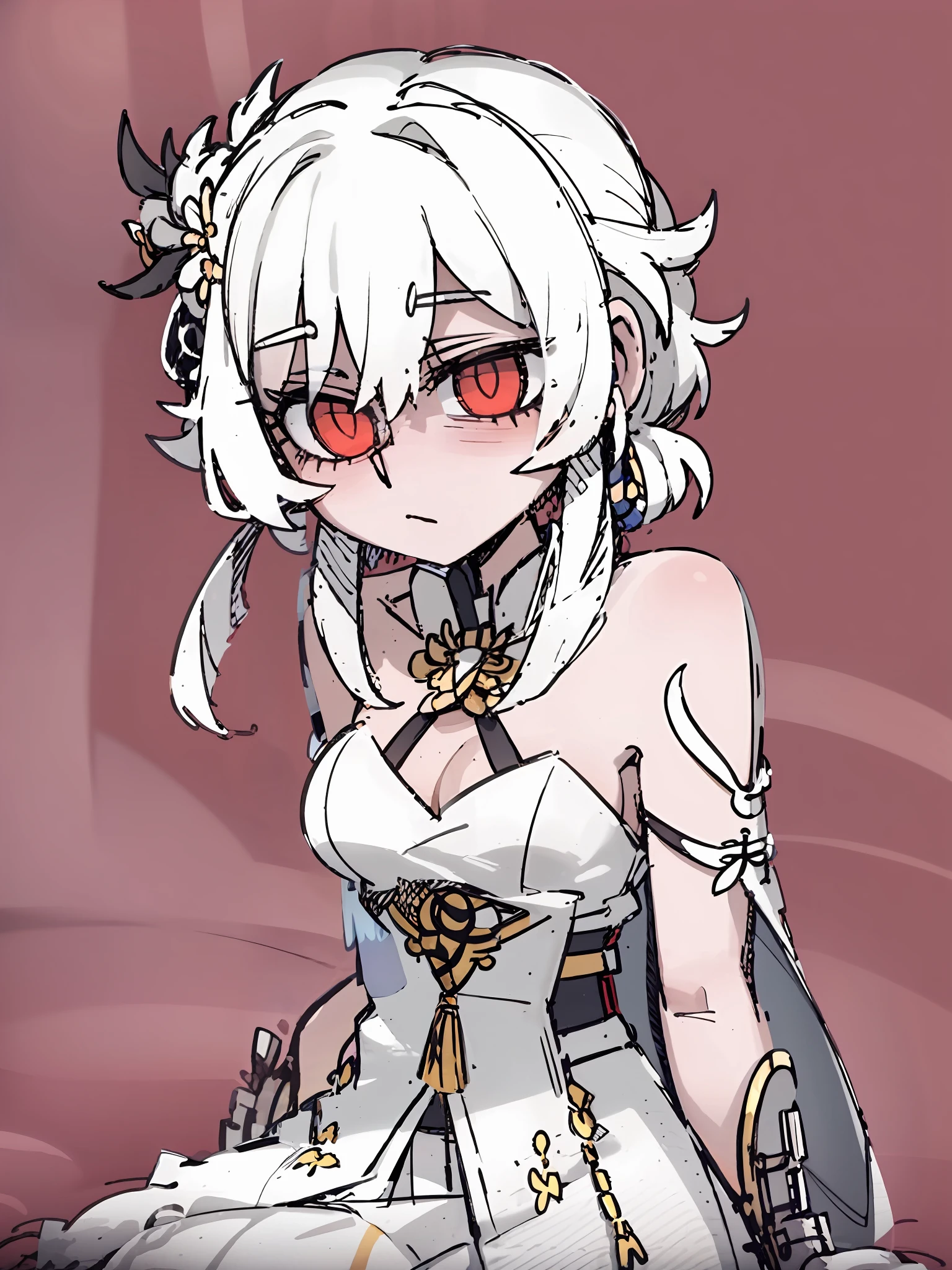 a close up of a woman in a white dress with a sword, Ayaka Genshin impact, Portrait Chevaliers du Zodiaque Fille, Keqing from Genshin Impact, Kushatt Krenz Key Art Women, Genshin, Anime goddess, Anime moe art style, loli in dress, cushart krentz, cushart kenz,Facial flushing,Shy face,4 red hearts around the character