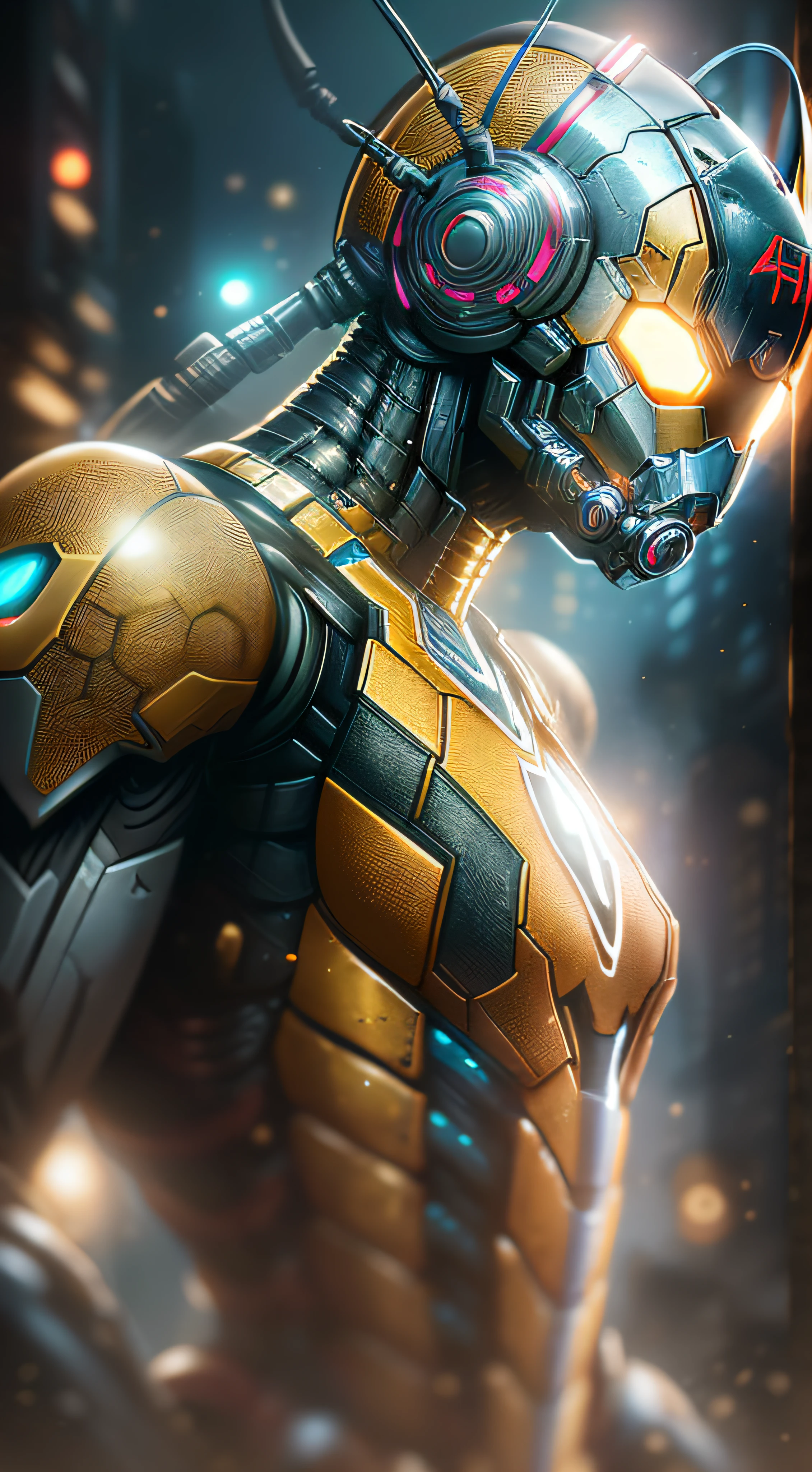 Ant-Man from Marvel photography, biomechanical, complex robot, full growth, hyper-realistic, insane small details, extremely clean lines, cyberpunk aesthetic, a masterpiece presented at Zbrush Central