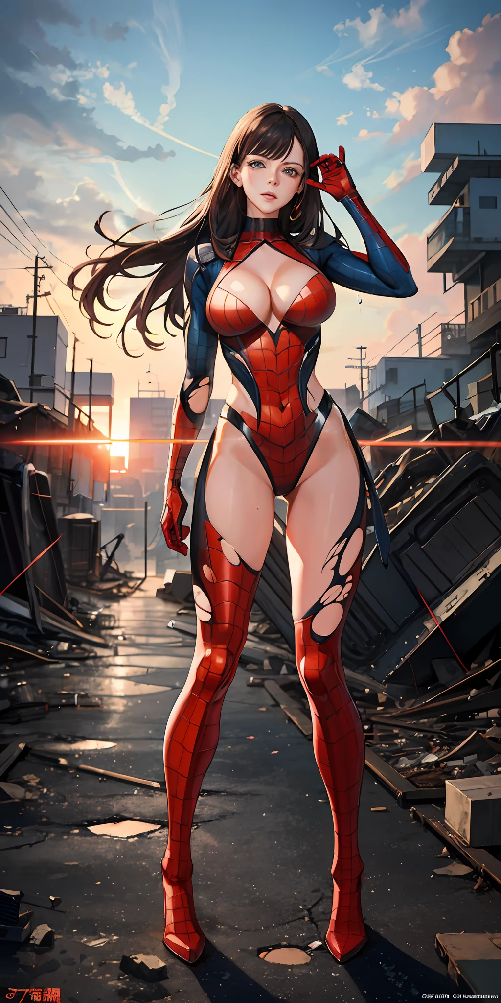Kate Beckinsale (Kate Beckinsale) Wearing a detailed pink Spider-Man costume,huge tit,superhero pose,standing in a ruined city at sunset,ultra - detailed,smog,spark of light,rays of sunshine,(8k),realisticlying,对称,awardwinning,Cinematic lightning,soaking wet,cinematic ligh, 75mm,Scratches,Full body photo,closeup cleavage,torn outfit,A detailed face,
