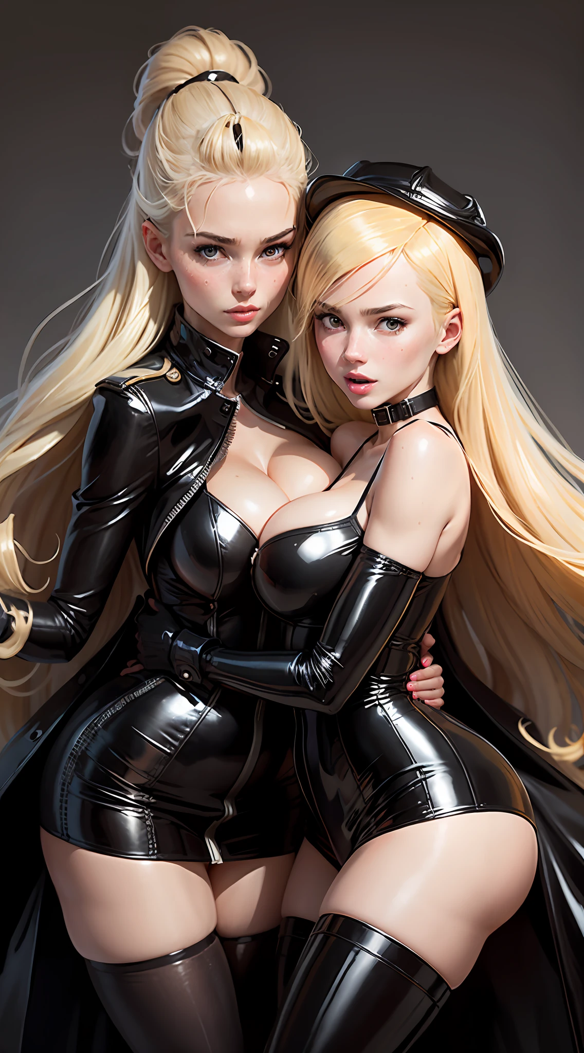 Deux filles heureuses jouant ensemble sur un lit en latex noir, Porter un trench-coat Burberry Long PVC Sexy Shiny Black, wet skin, Out of breath playing together, Gants en PVC noir, attractive blonde, seductive pose, jeu, suffocation, Hugging, big huge breasts, Detailed face