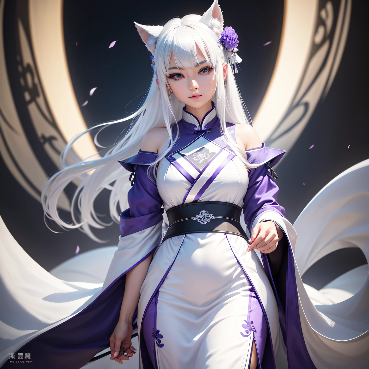 16K resolution,China-style, Silver fox anthropomorphism, femele, White hair, Noble purple-blue eyes, white hanfu, Silver-white tail(The ends are slightly black), Lantern Festival background, adolable, Raised sexy, mischievous,A gentle breeze。 --auto