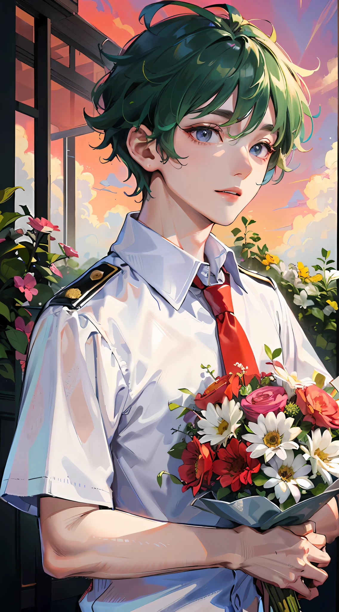 Master masterpiece、best qualtiy、8K、red necktie、White shirt with short sleeves、