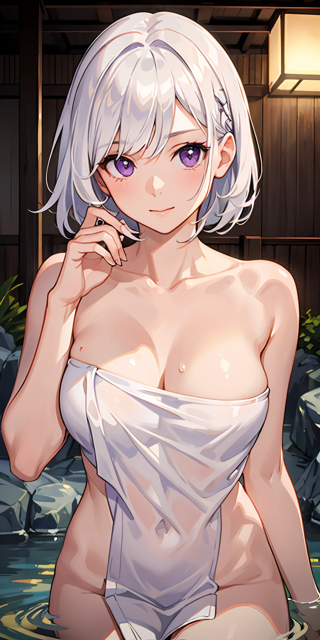 1girl, white hair, purple eyes, portrait, realistic, towel, (onsen), sidelighting, wallpaper, nsfw,