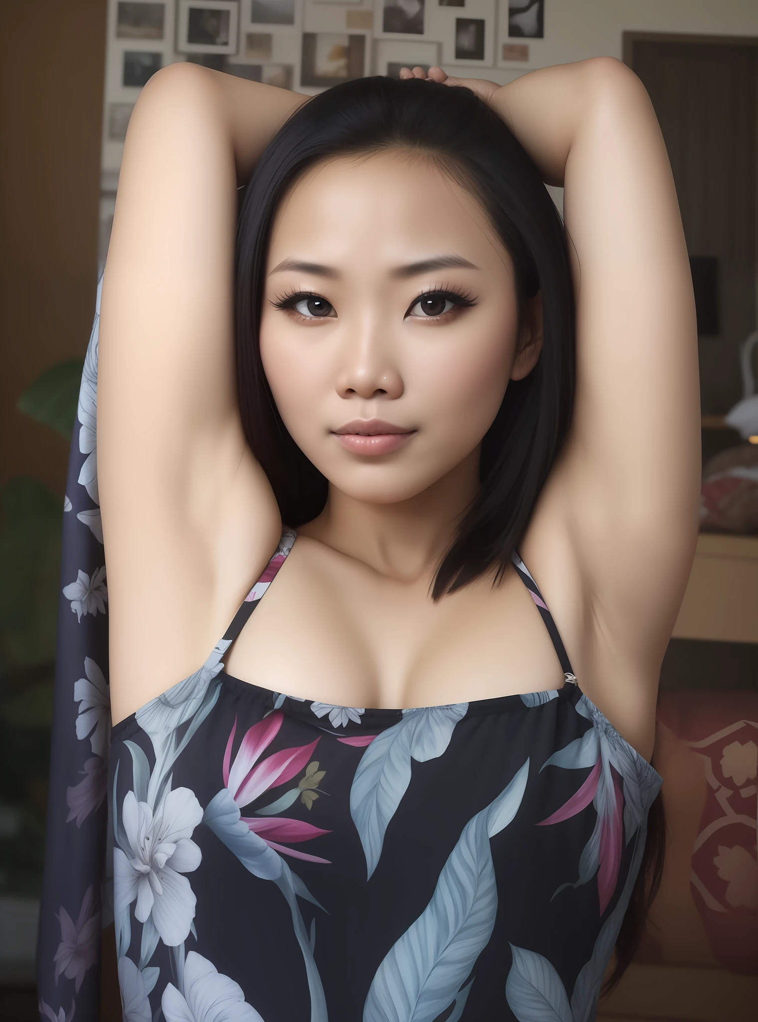Hot exotic indonesian woman with arms strechcing and armpits exposed above her head.