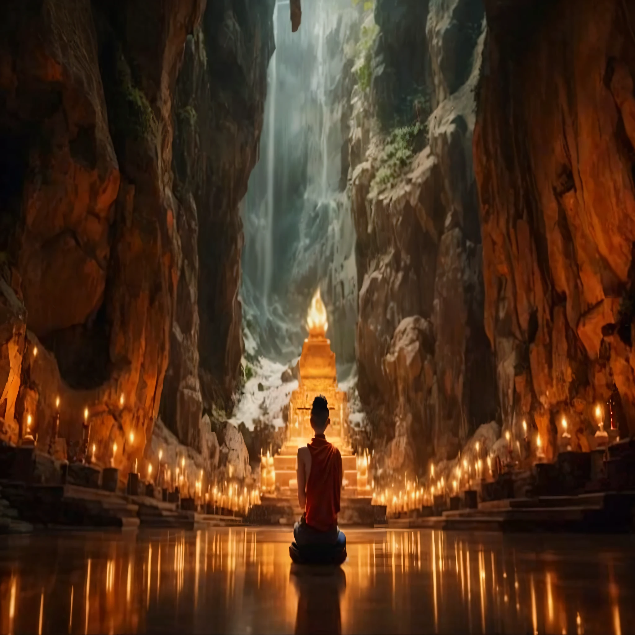 a person sitting in a cave with candles lit up, hindu stages of meditation, monk meditate, meditating, a mystical temple, praying meditating, buddhist monk meditating, glowing temple in the distance, floating in a powerful zen state, buddhism, meditation, buddhist, in a cave with the waterfall, mystical setting, underground temple, mysterious temple setting, thailand