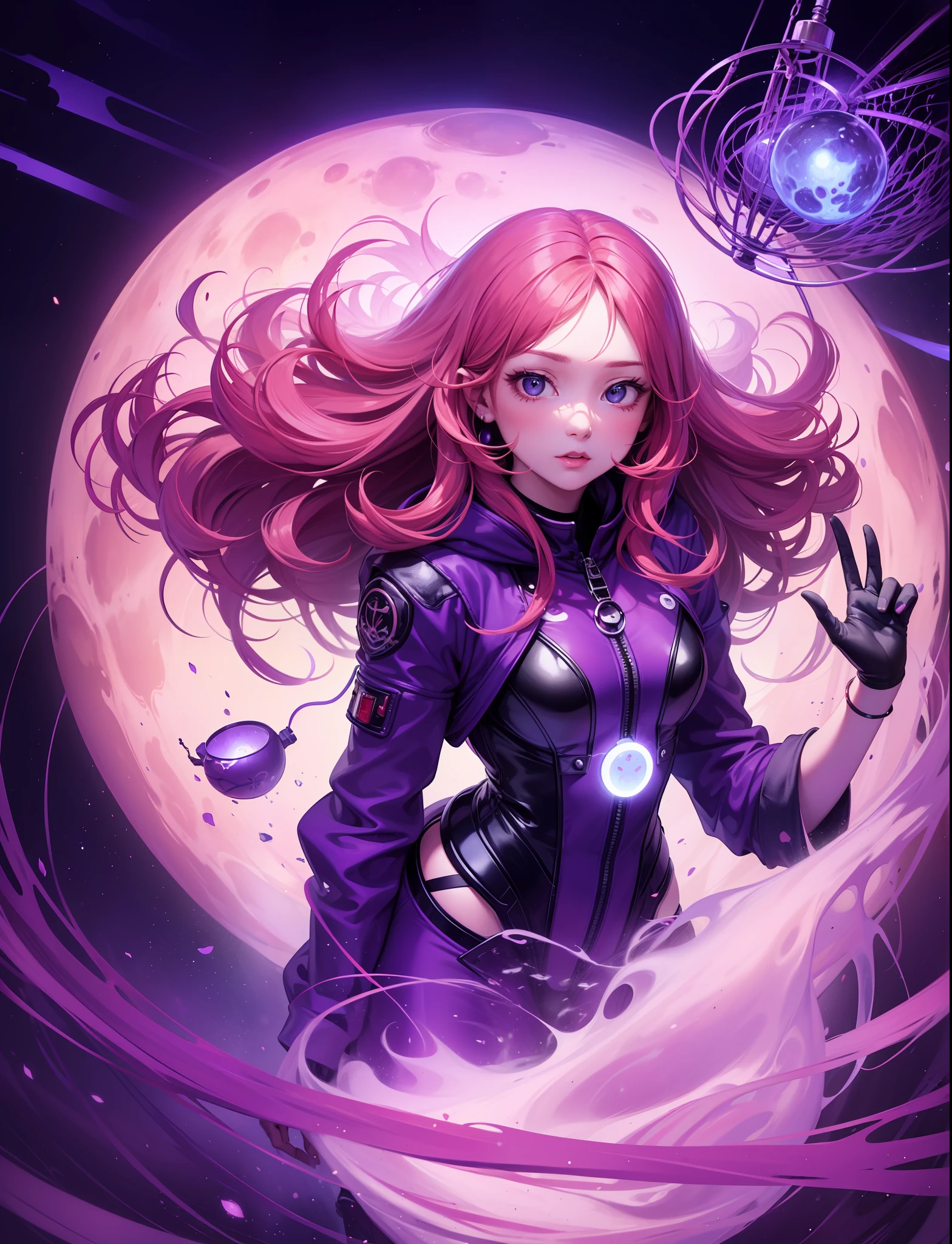 A beautiful girl floating in space. she has a birdcage She wears a cyber bodysuit and a purple hoodie. She has semi-long, wavy red-purple hair. her eyes glow red.She is obscure and mysterious in her own feelings and her intentions. A red mist surrounds her, and many people's faces are emerging in the mist. A big red moon behind her. The incense burner is floating. A red puddle at her feet.