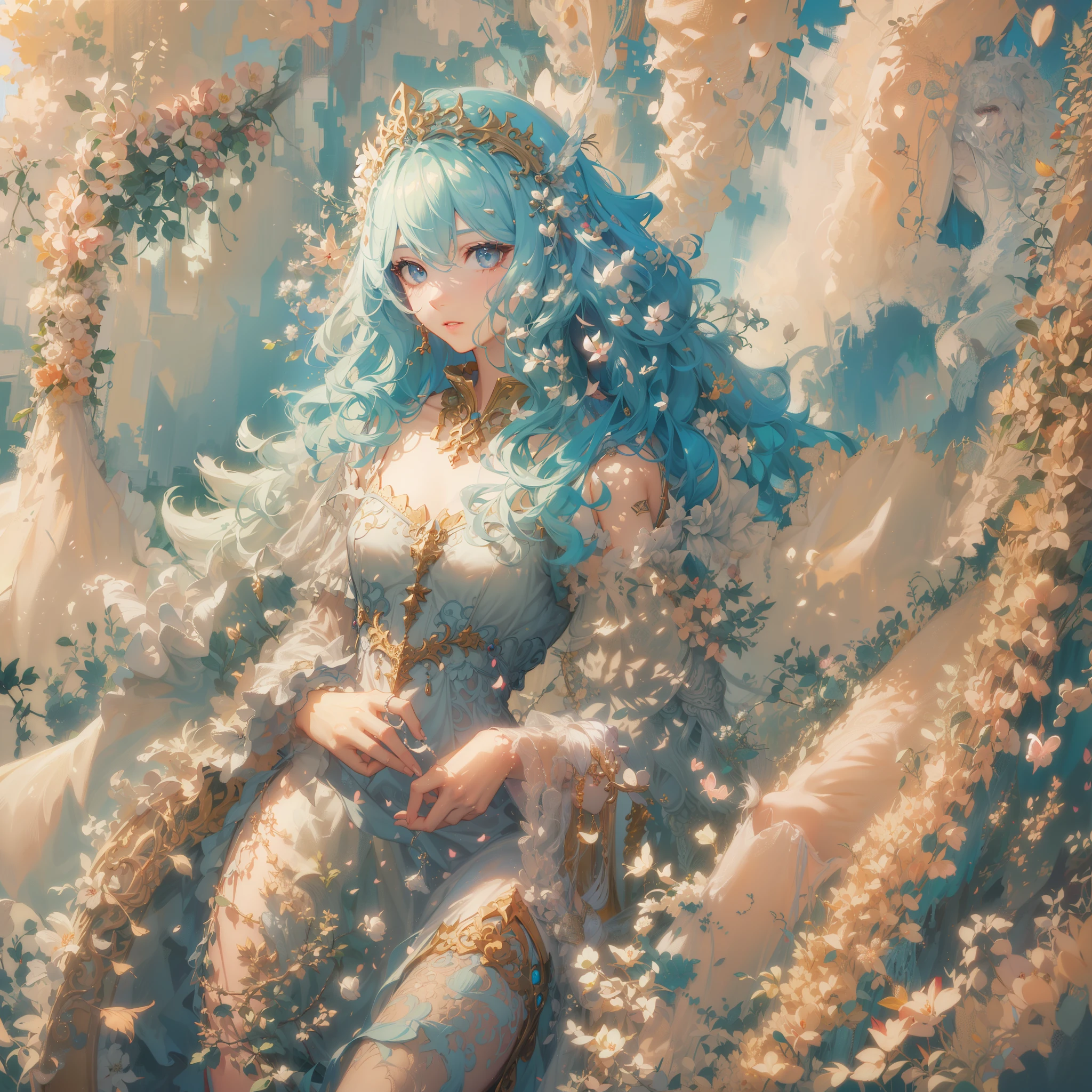 top-quality、ultra realistic 8k cg、HDR、beautiful detailed brilliance、(masterpiece、top-quality、top-quality、Official Art、Beautifully Aesthetic:1.2)、(1girl in:1.3)、(Fractal art:1.3)White god dragon with white scales、Wrapped in fairies、Fairy with long flowing hair and delicate facial features、Wearing a long dress with clear and delicate layers、Beautiful headdress