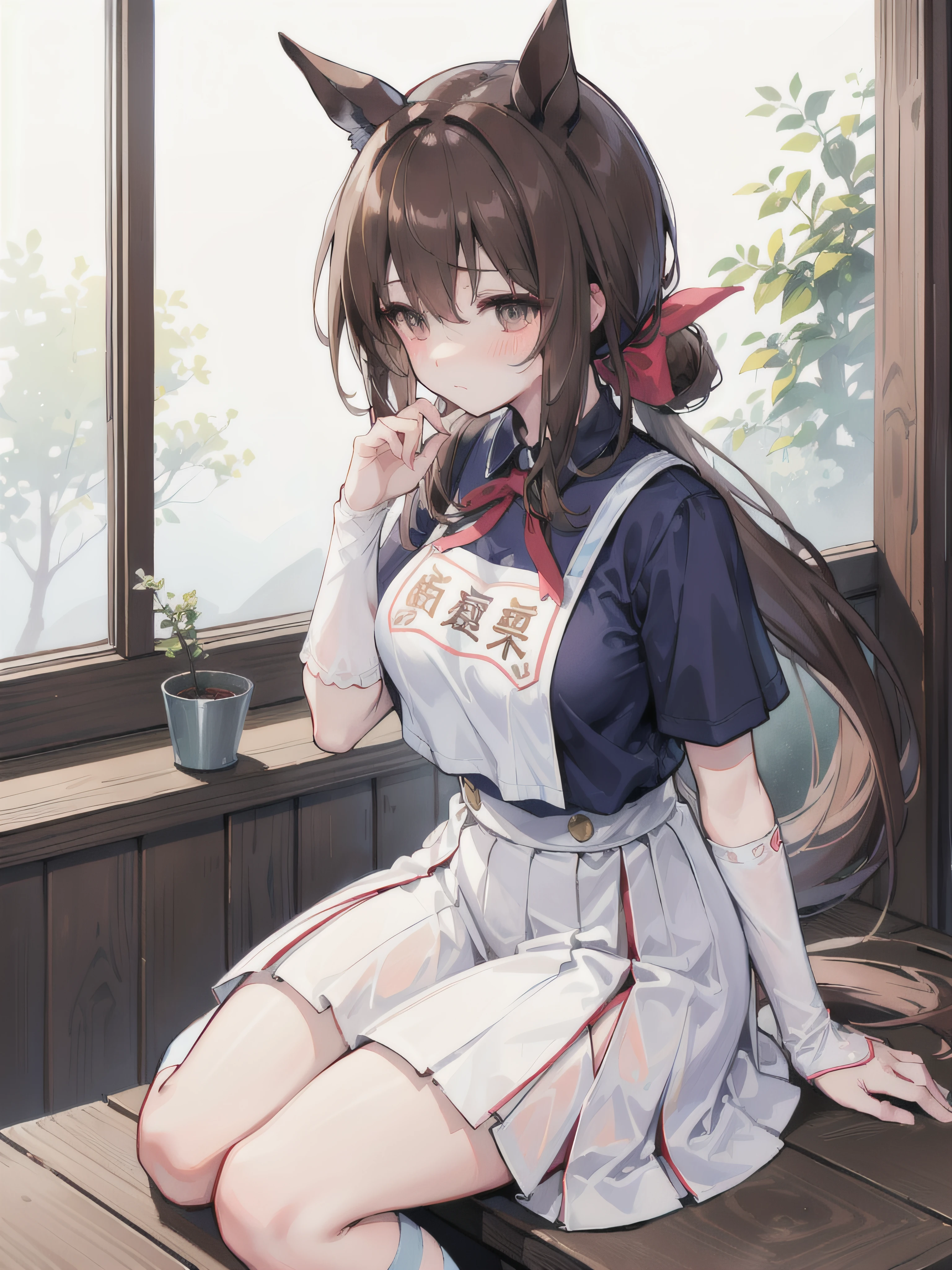 masterpiece、top-quality、ultra-detailliert、illustratio、 1 人、tshirts、point of view、optic、Farbe、textured、detaileds、a beauty、Beautiful breasts、Brown hair、(Horse ears on the head)、Low Ponytail、sit in、red blush、feel shy、Uma Musume(Admire Vega)、Turn around、Oversized T-shirt、Smell the neck