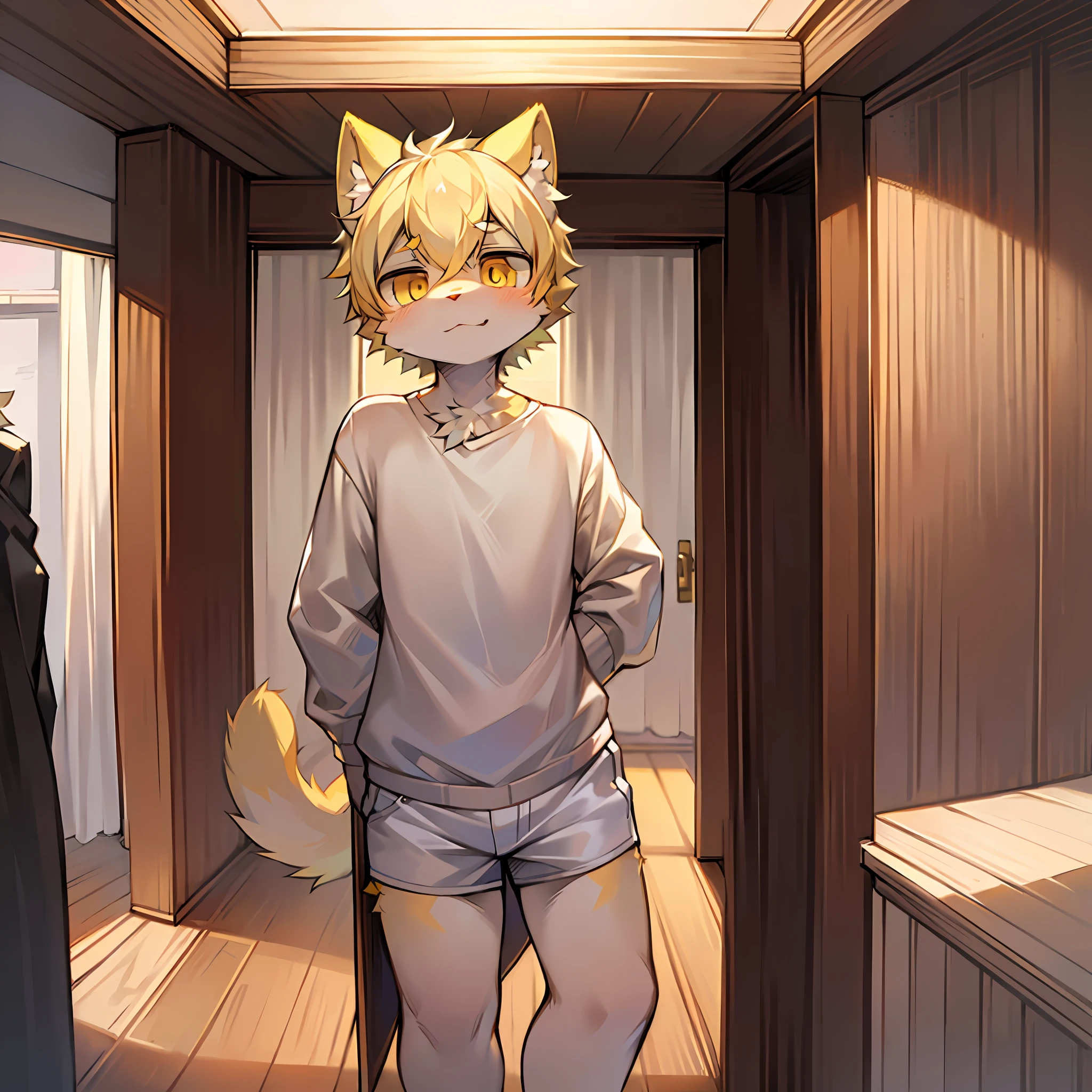 eyes with brightness, in a panoramic view, Character Focus Solo, shaggy, Furry male cat, White fur for men, Yellow eyes,Short white hair with yellow hair,Shotai style,Little cute, Will sell moe,Fluffy tail,Wear white shorts,nakeness,Naked upper body,The characters are standing,Shy