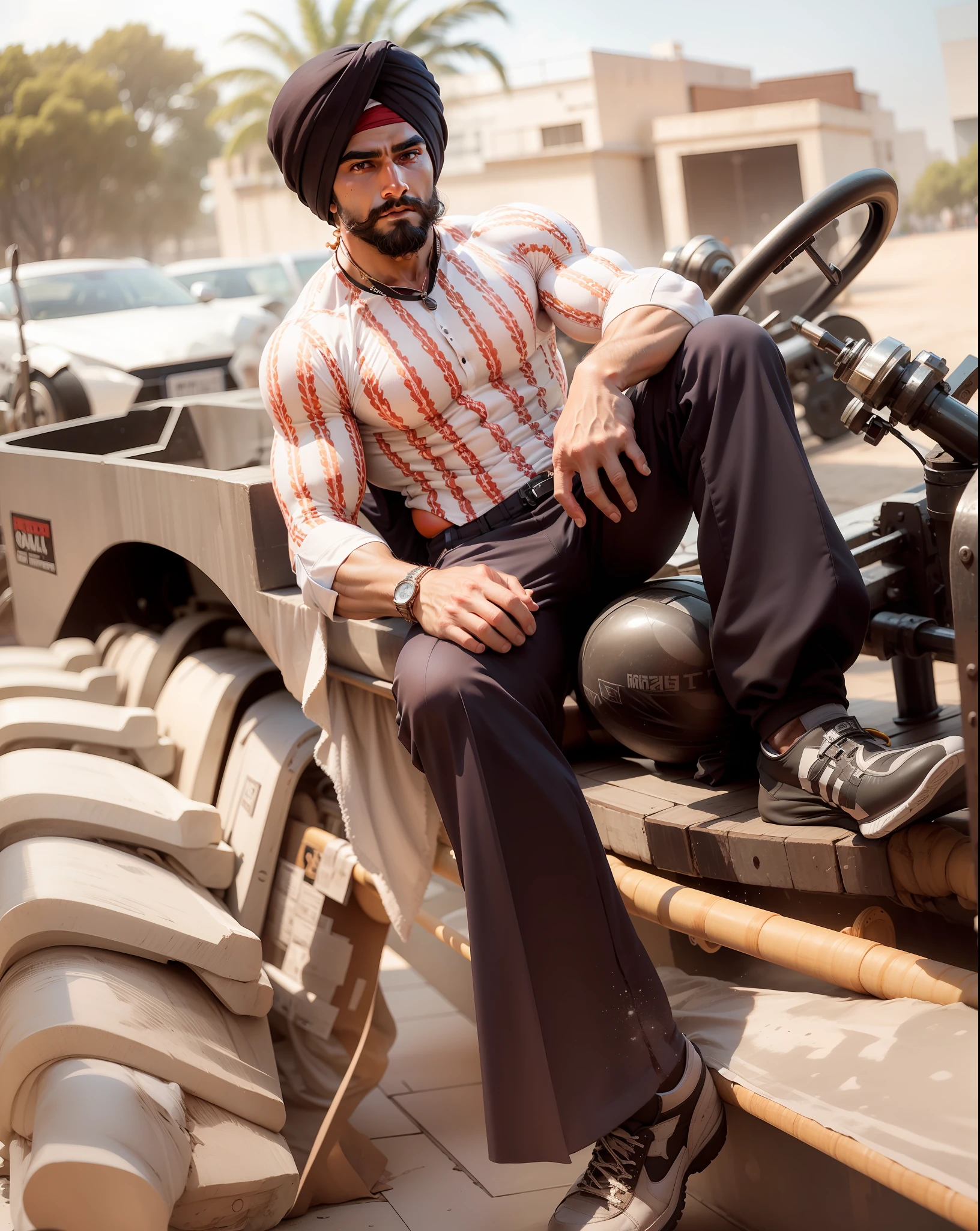 Bodybuilder with well-defined muscles and a turban sardar.