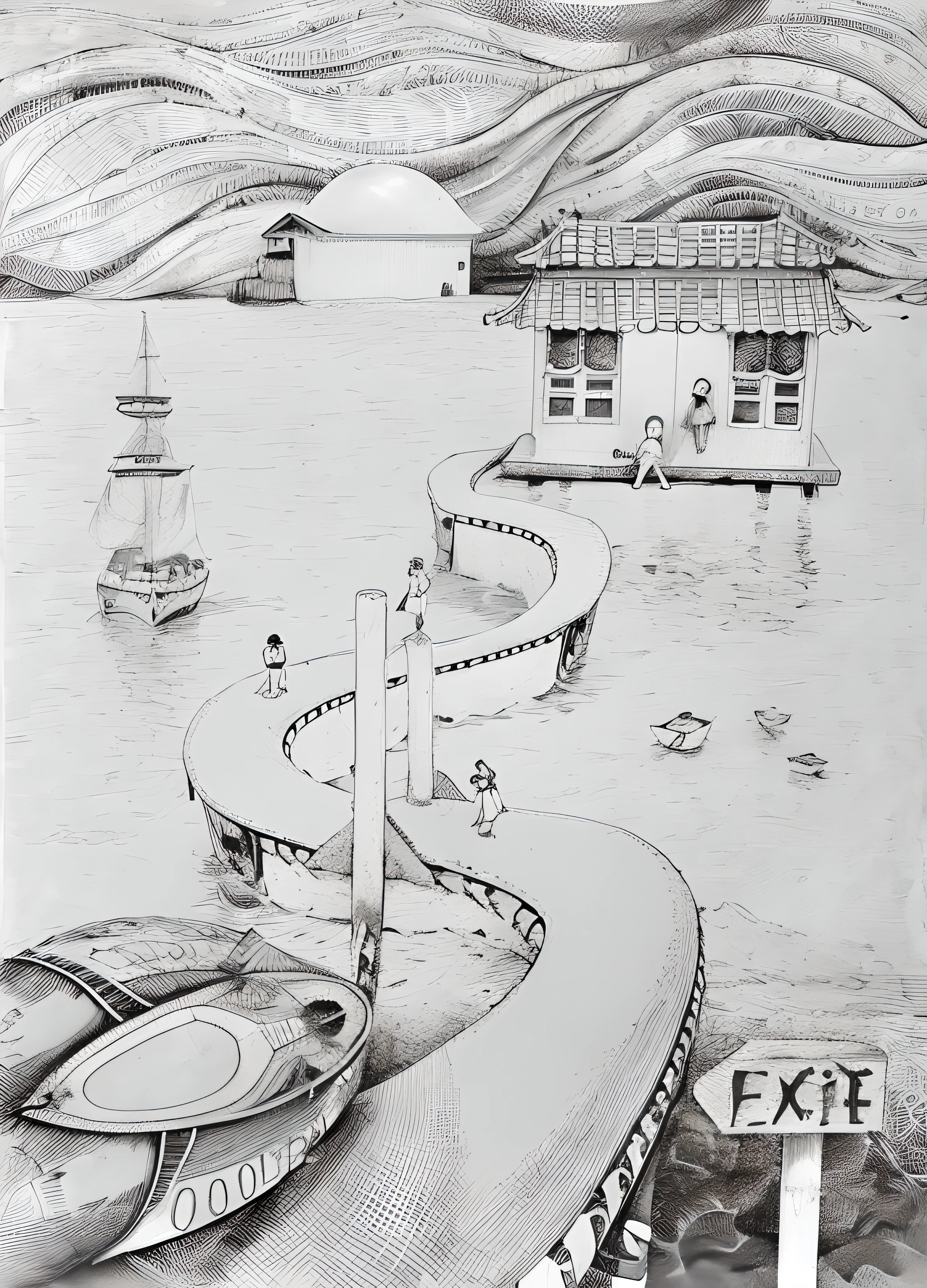 Painting boats on the beach，There is a house in the background，Paintings with surreal themes，sketch of a lucid dream，Black and white illustration，Hyper-realistic illustration，pencil and ink drawing，author：Maximilian Jimsky，pen and ink illustration，monochrome drawing，author：Jan Kip，Surreal！！！，Inspired by Remedios Varro，pen and ink illustration。