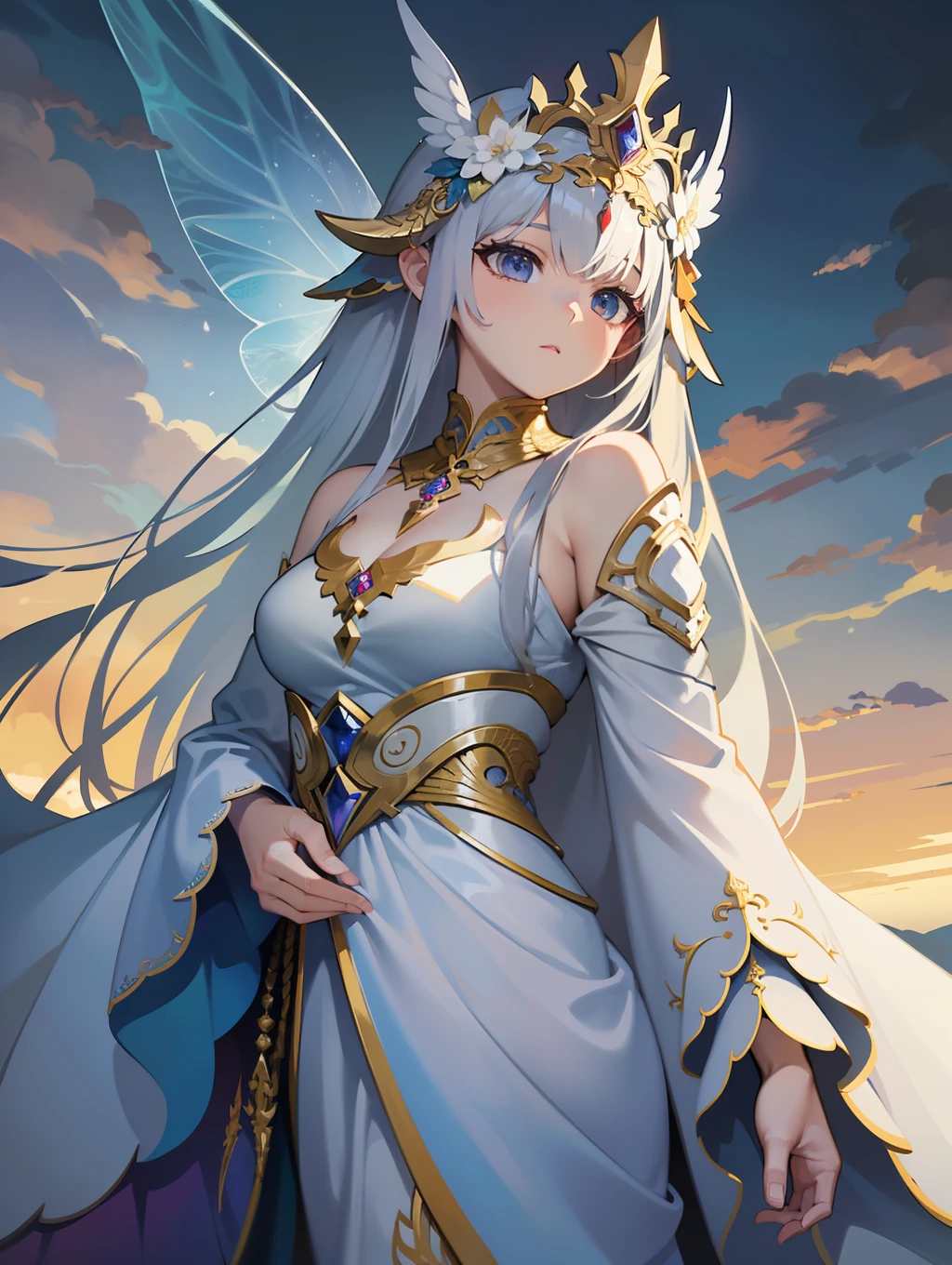 top-quality、ultra realistic 8k cg、HDR、beautiful detailed brilliance、(masterpiece、top-quality、top-quality、Official Art、Beautifully Aesthetic:1.2)、(1girl in:1.3)、(Fractal art:1.3)White god dragon with white scales、Wrapped in fairies、Fairy with long flowing hair and delicate facial features、Wearing a long dress with clear and delicate layers、Beautiful headdress