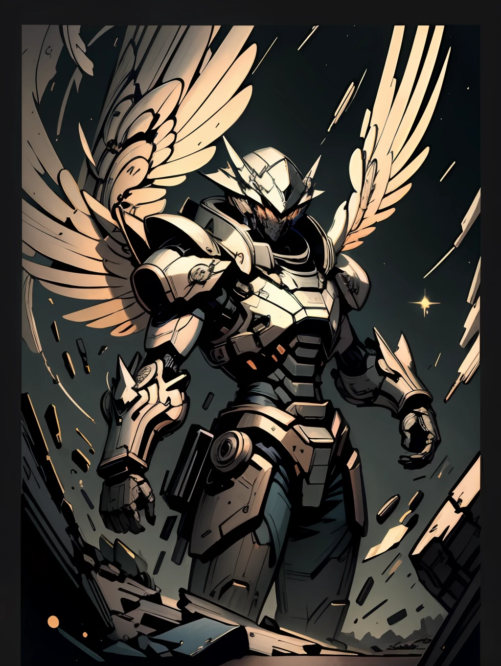 (masterpiece, best quality:1.3),extremely high detailed, intricate, 8k, HDR, wallpaper, cinematic lighting, (universe),gun,(shooting position), glowing, armor, glowing eyes, mecha, large wings,