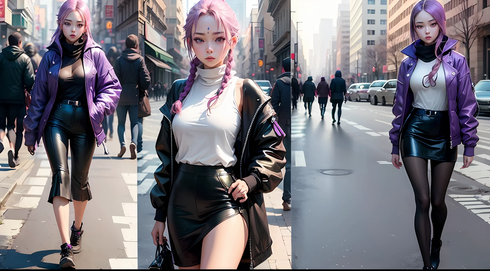 I want a sequence of  girl asiatica eyes violet walkin of street style anime --auto