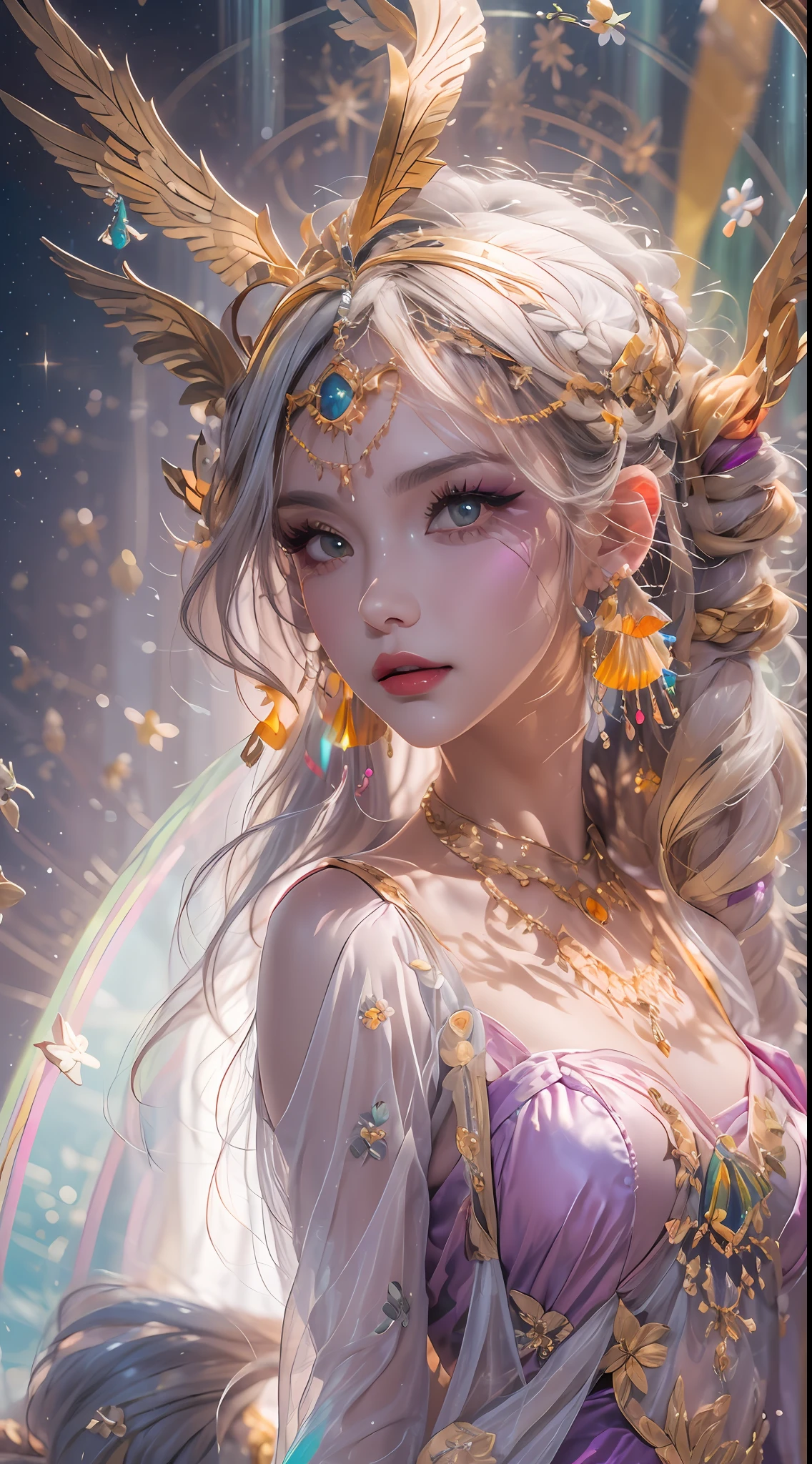 1 20 year old girl, 1 athena goddess from the future, Athena goddess pink purple, athena goddess face sexy thin yellow nightgown, long thin nightgown Athena many limbs sexy black lace detail, mythical goddess of the athena from the future, Symbol of Goddess, luxurious glittering athena style, dark and mysterious version, athena crown, lipstick red lips, thin and pretty lips, don't smile, keep your mouth shut, characters created by karol bak and pino daeni, intricate detail, detailed background, extremely detailed, light magic, a woman, clear face, looking at the upper body of the goddess of the athena, round breasts, big and round breasts, phoenix hair brooch, long hair with bangs, (Long hair has 7 colors like rainbow:1.9), beautiful detailed face and well-proportioned eyes, (transparent yellow eyes: 1.8), big round eyes and very beautiful and detailed makeup, visionary, long silk nightgown, mysterious makeup, Bracelets, side bangs and dye pale yellow, upper body, (athena goddess upper body: 1.8), drooping arms, Realistic and vivid photo, (stars that make up the athena: 1.7), ( sky athena and fictitious space and time portal: 1.8), fiction art, RAW photo, hanfu photo, best photo , high_res, best quality, best photo, 8k quality, 8k ultra , surrealism, the most economical real photo, artistic portrait of athena signs, 1 symbol of athena signs behind, single portrait of athena goddess, The most realistic color scheme, best photo color, masterpiece, hair ornament, necklace, jewelry, Beautiful face, upper body, tyndall effect, photo realistic, dark studio, border light, two tone light, (detailed skin) high: 1.2), 8k uhd, dslr, soft light, high quality, volumetric light, candid, Photo, high resolution, 4k quality, 8k, Bokeh, Smooth and sharp, pixel up 10 times, Charming athena goddess, sexy athena goddess, (background space: 1.8), (galaxy: 1.7), aurora, lightning, (Aurora Background: 1.8), perfect eyes, photo of perfect eyes, beautiful goddess and flowers,